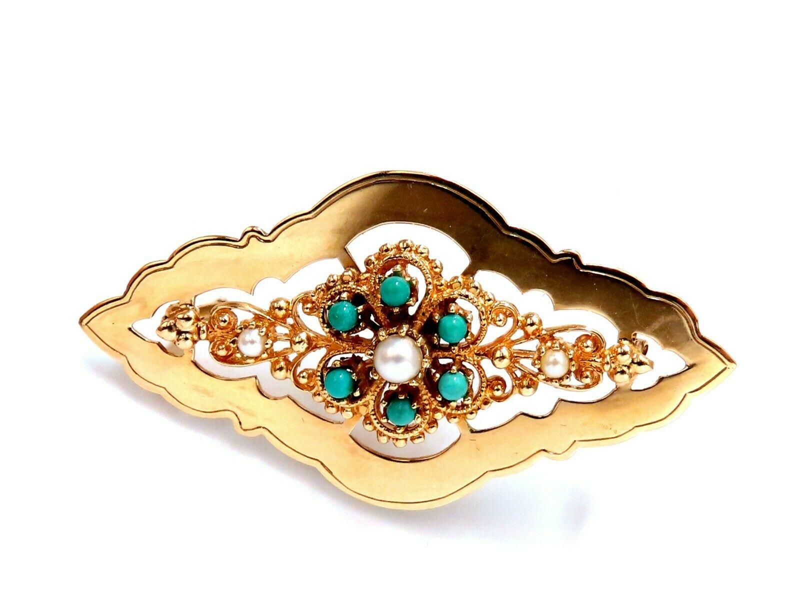 Women's or Men's Natural Turquoise and Seed Pearl Open Gilt Etching Patterned Pin 14 Karat For Sale