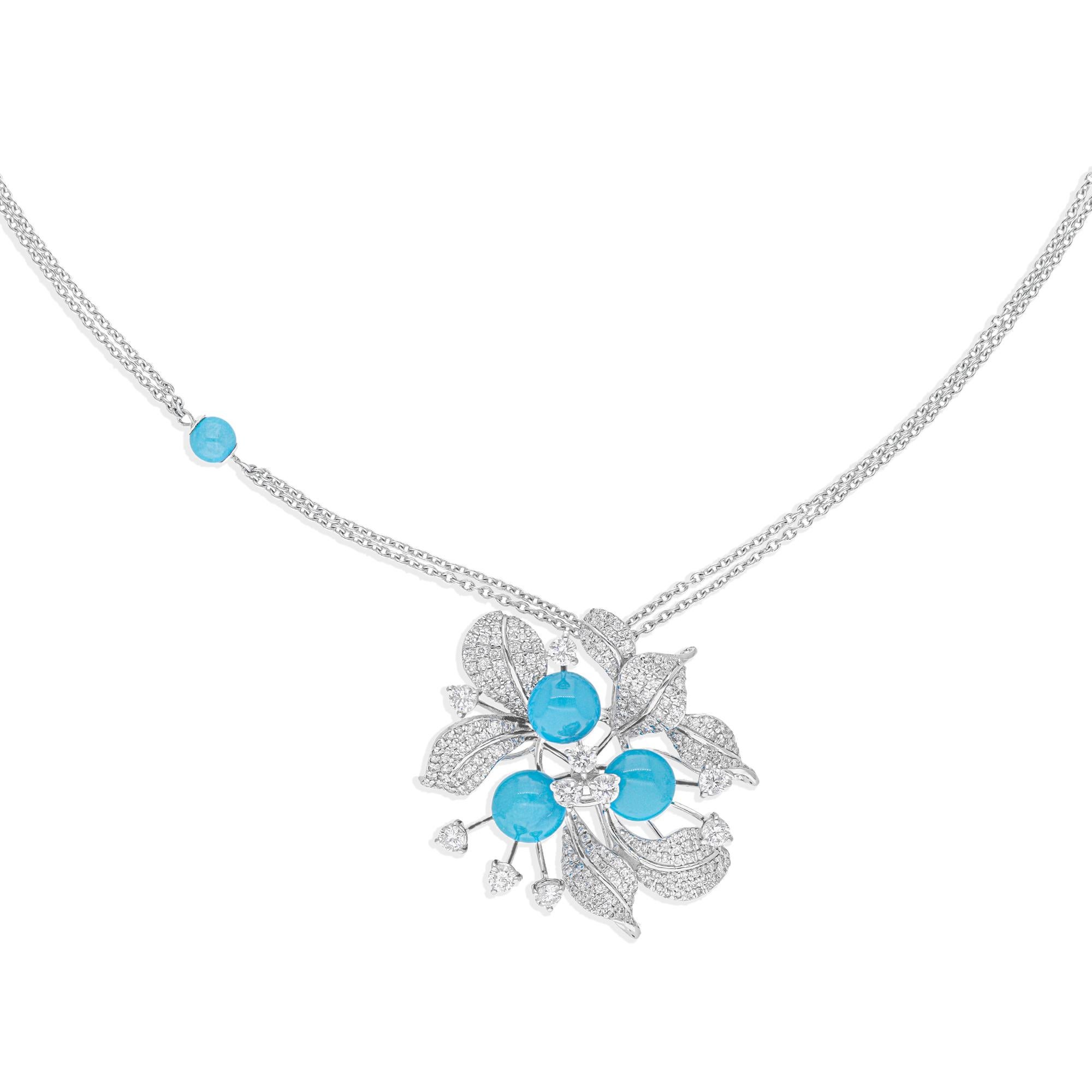 Natural Turquoise SI/H Pave Diamond Floral Pendant Necklace 14 Karat White Gold For Sale 4