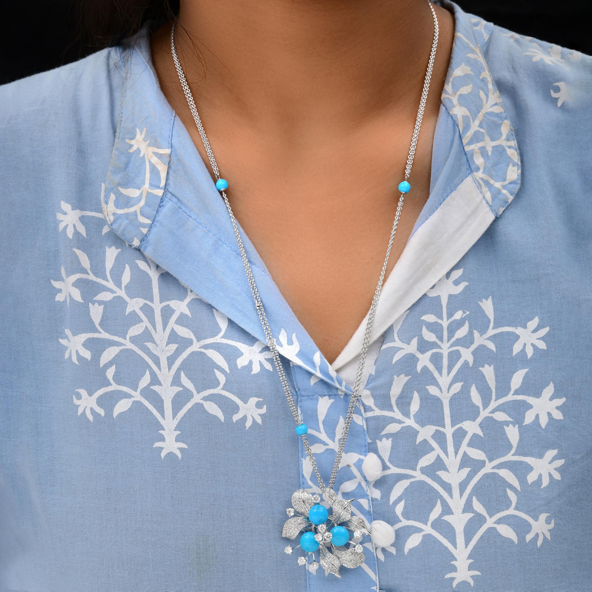 Women's Natural Turquoise SI/H Pave Diamond Floral Pendant Necklace 14 Karat White Gold For Sale
