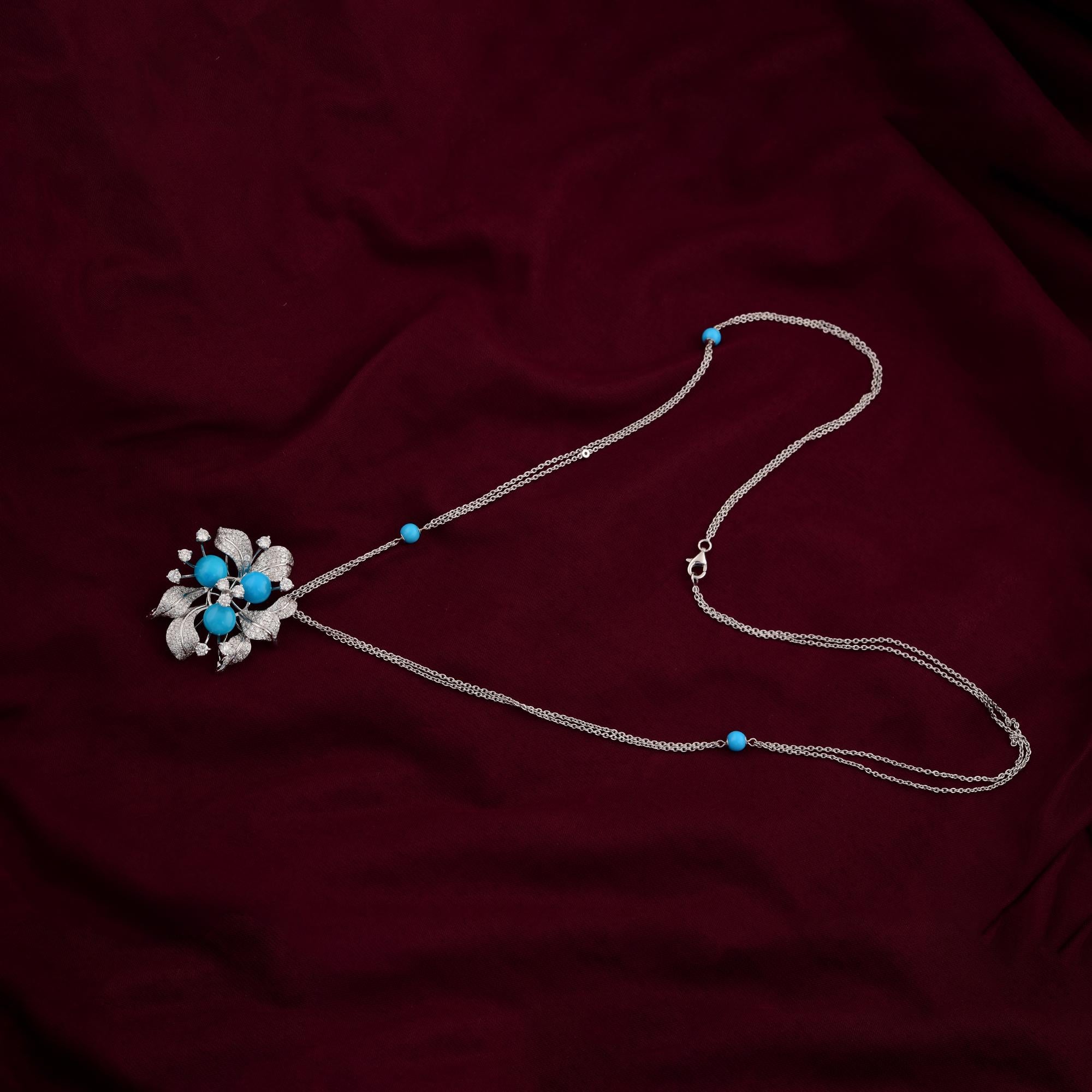 Natural Turquoise SI/H Pave Diamond Floral Pendant Necklace 14 Karat White Gold For Sale 2
