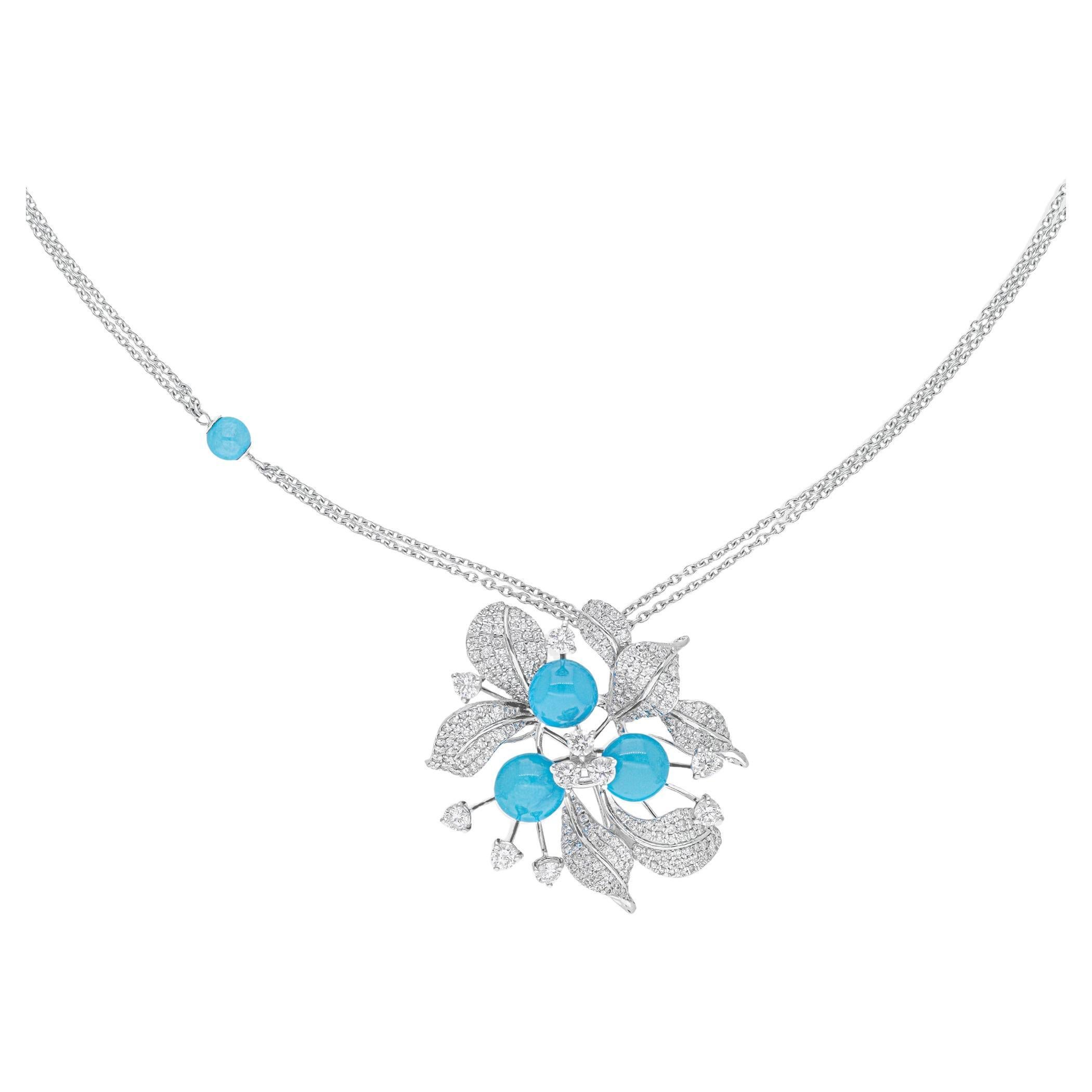 Natural Turquoise SI/H Pave Diamond Floral Pendant Necklace 14 Karat White Gold