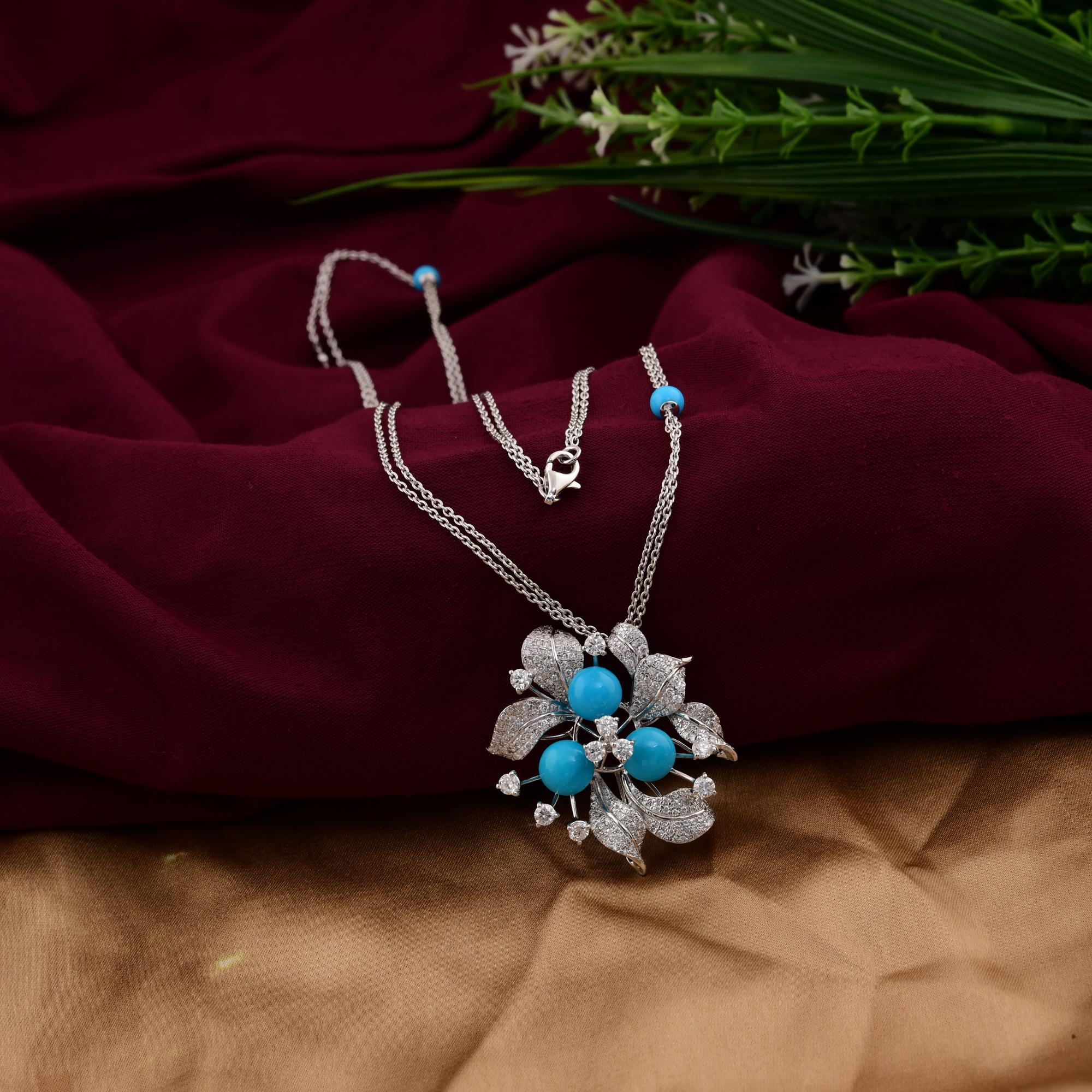 Modern Natural Turquoise SI/H Pave Diamond Floral Pendant Necklace 18 Karat White Gold For Sale