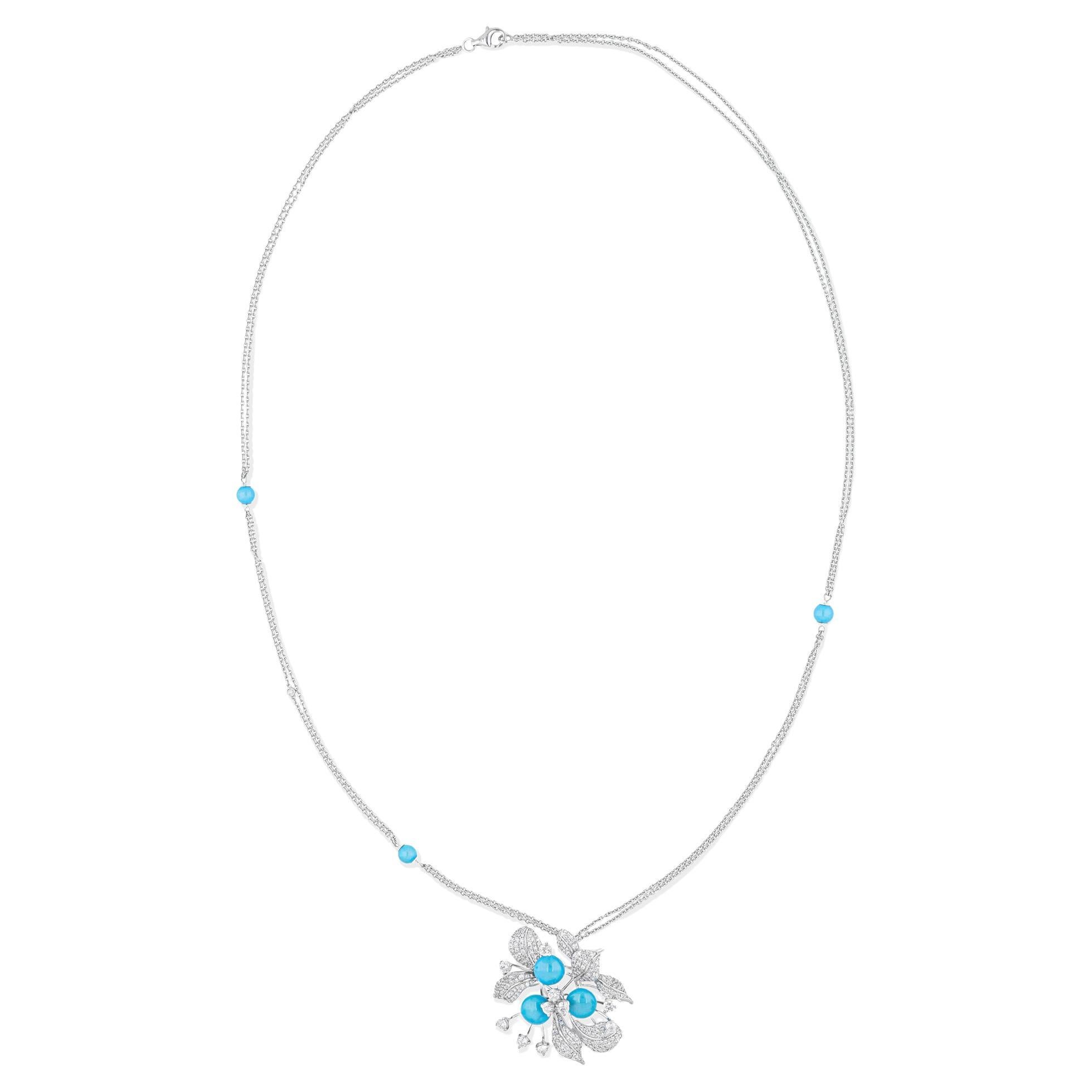 Round Cut Natural Turquoise SI/H Pave Diamond Floral Pendant Necklace 18 Karat White Gold For Sale