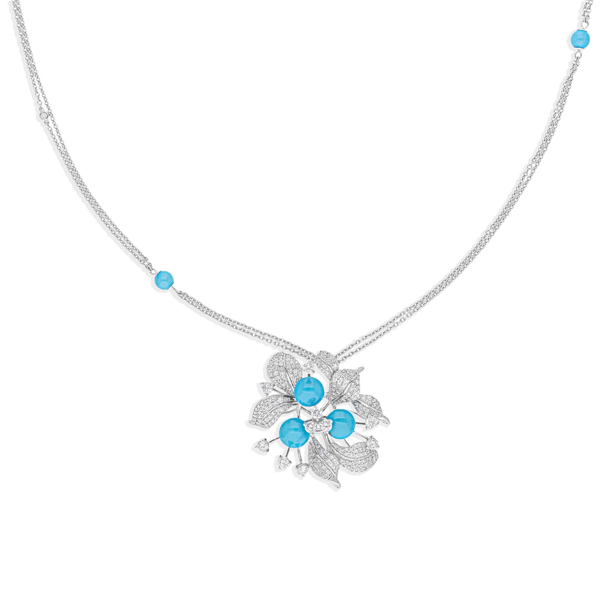 Natural Turquoise SI/H Pave Diamond Floral Pendant Necklace 18 Karat White Gold In New Condition For Sale In Diera, Dubai