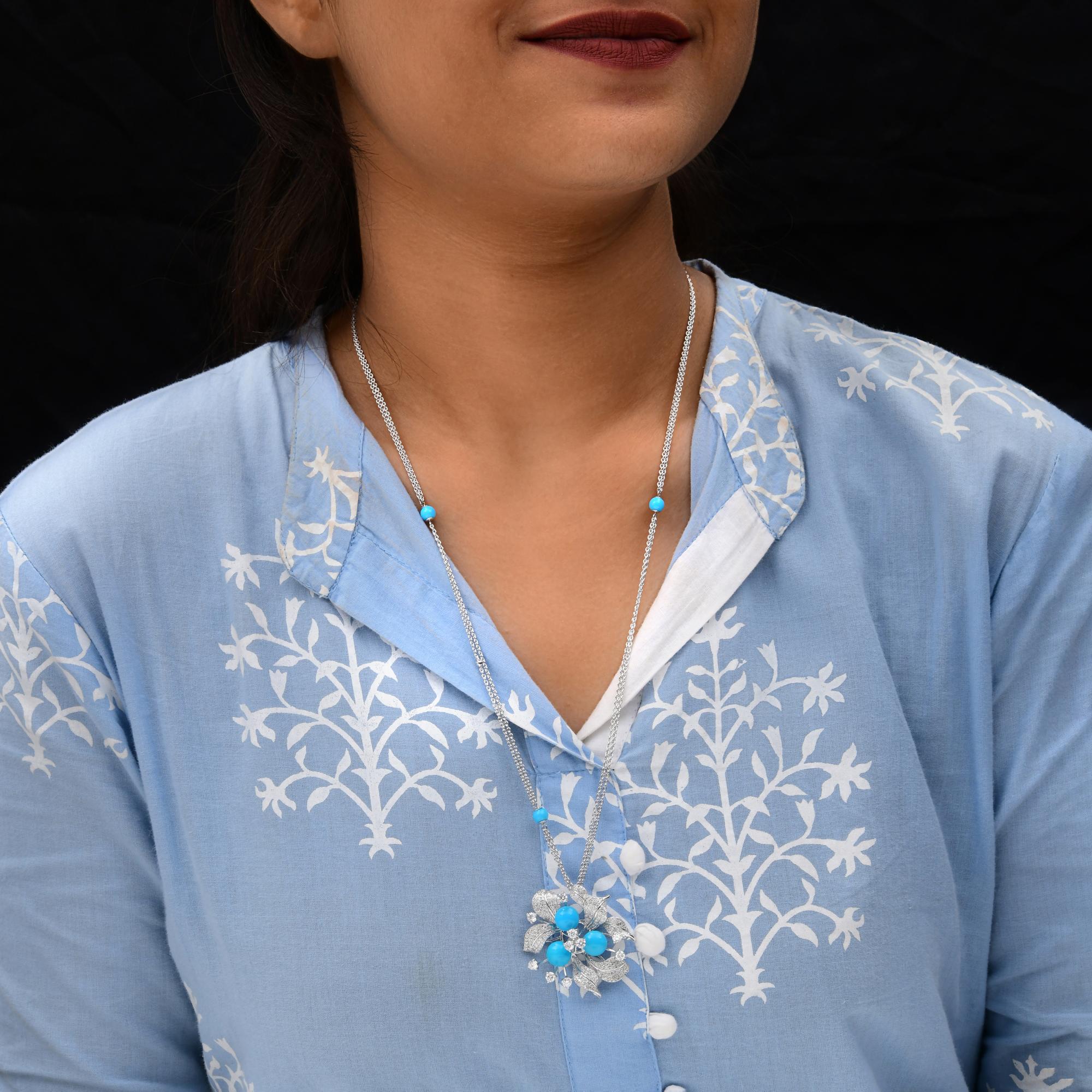 Natural Turquoise SI/H Pave Diamond Floral Pendant Necklace 18 Karat White Gold For Sale 1