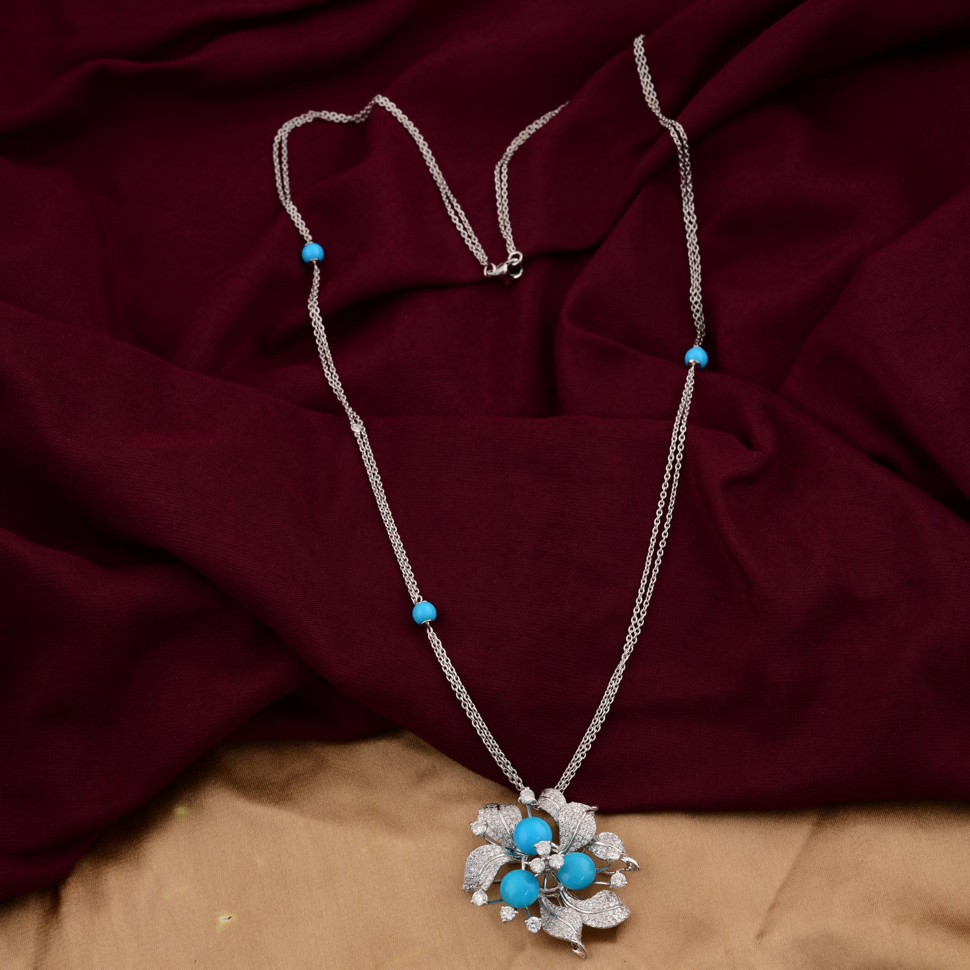 Natural Turquoise SI/H Pave Diamond Floral Pendant Necklace 18 Karat White Gold For Sale 3