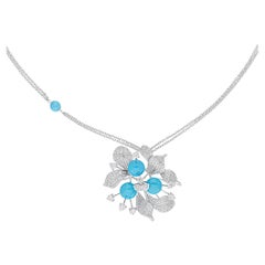 Natural Turquoise SI/H Pave Diamond Floral Pendant Necklace 18 Karat White Gold