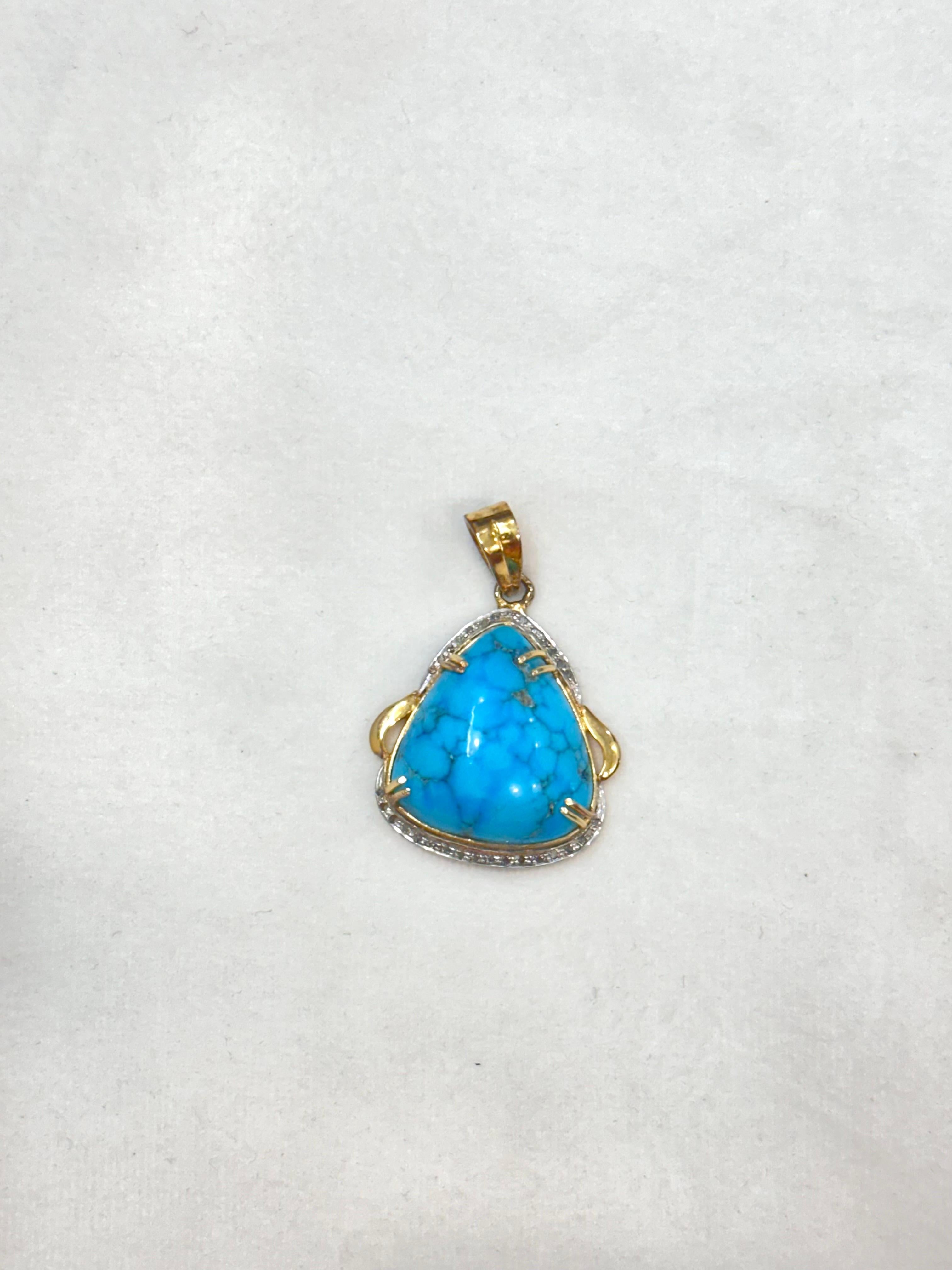 Medieval Natural turquoise stone in 18k gold with Natural diamonds for pendant For Sale