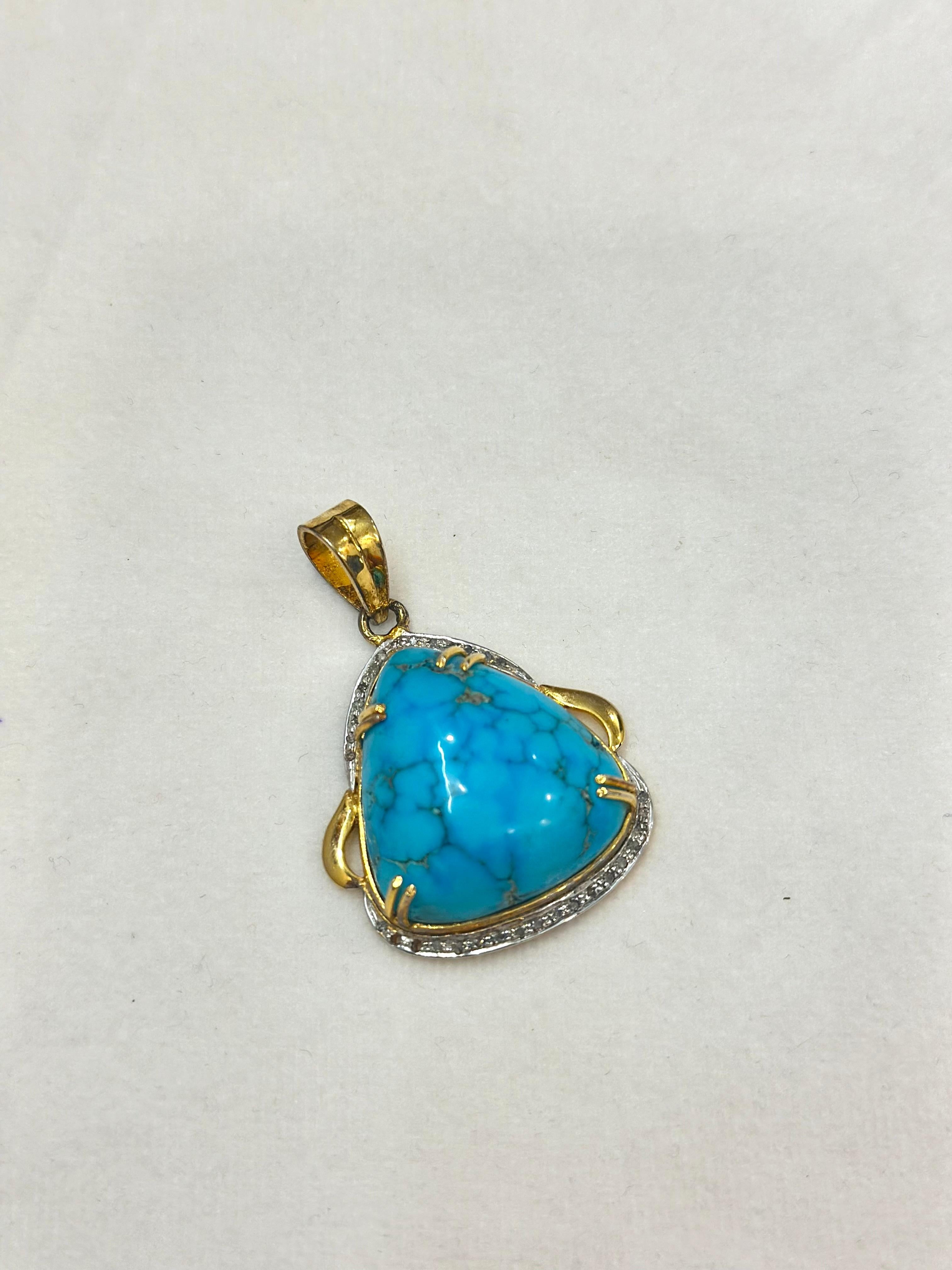 Rose Cut Natural turquoise stone in 18k gold with Natural diamonds for pendant For Sale