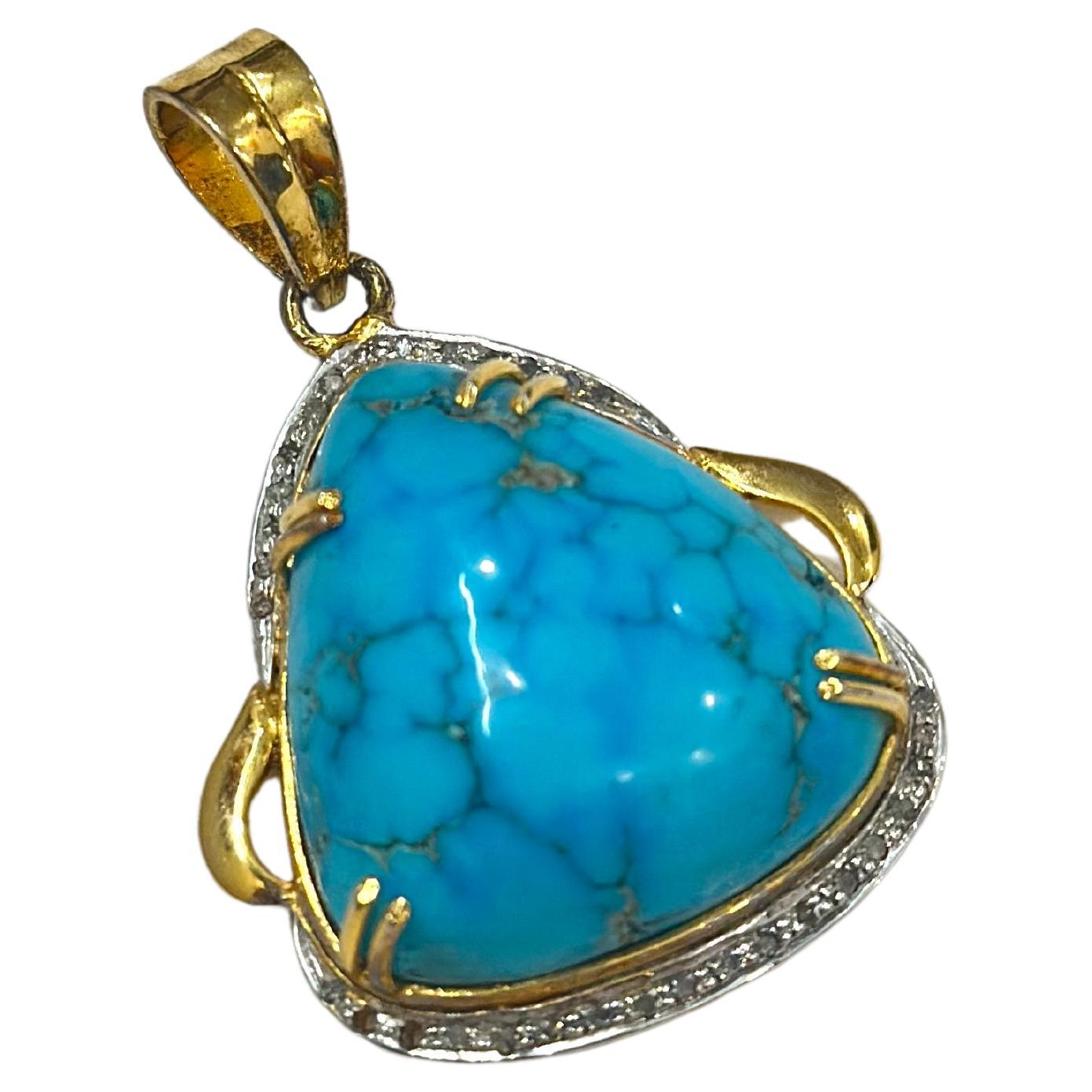 Natural turquoise stone in 18k gold with Natural diamonds for pendant For Sale