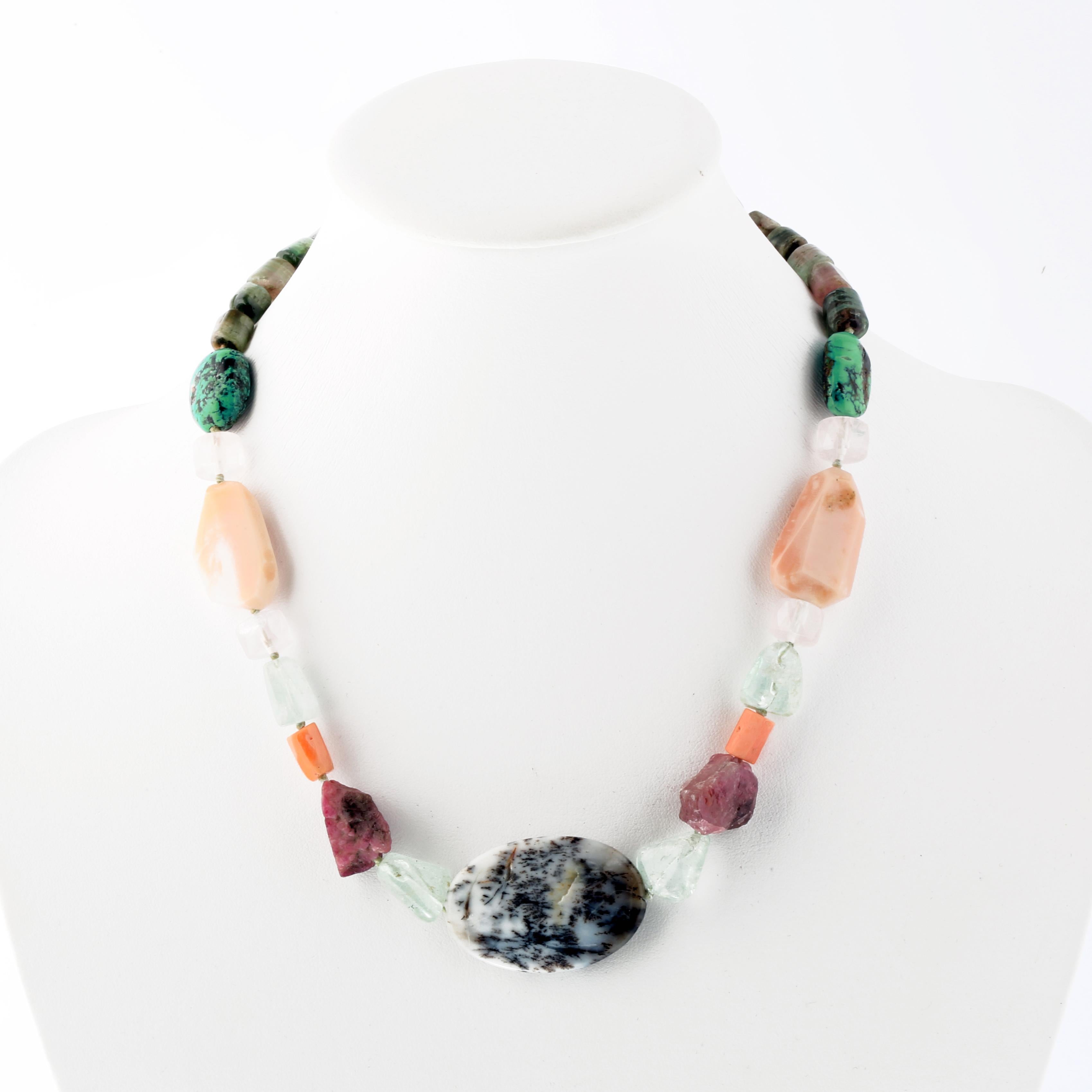 Precious necklace with Natural Gemstones. Abstract jewellery 925 sterling silver piece inspired by the beauty of the diversity, asymmetry and color. Stunning masterpiece with a range of diverse gems and hues that rise into a fantastic beaded, tribal