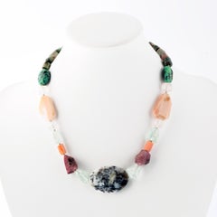 Natural Turquoise Tourmaline Aquamarine Coral Agate Opal Choker Gemston Necklace