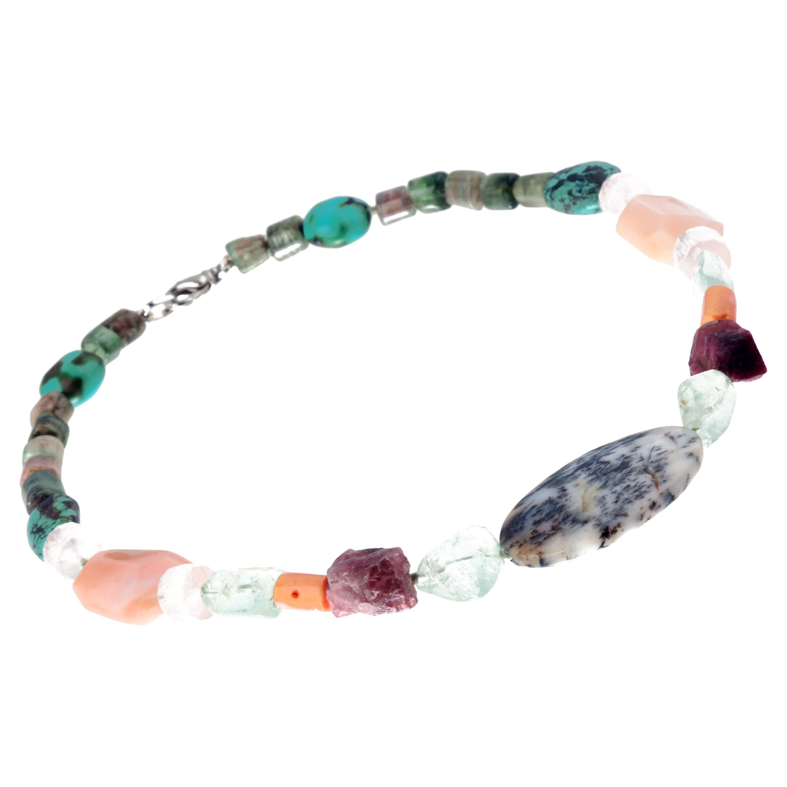 Natural Turquoise Tourmaline Aquamarine Coral Agate Opal Choker Gemston Necklace For Sale