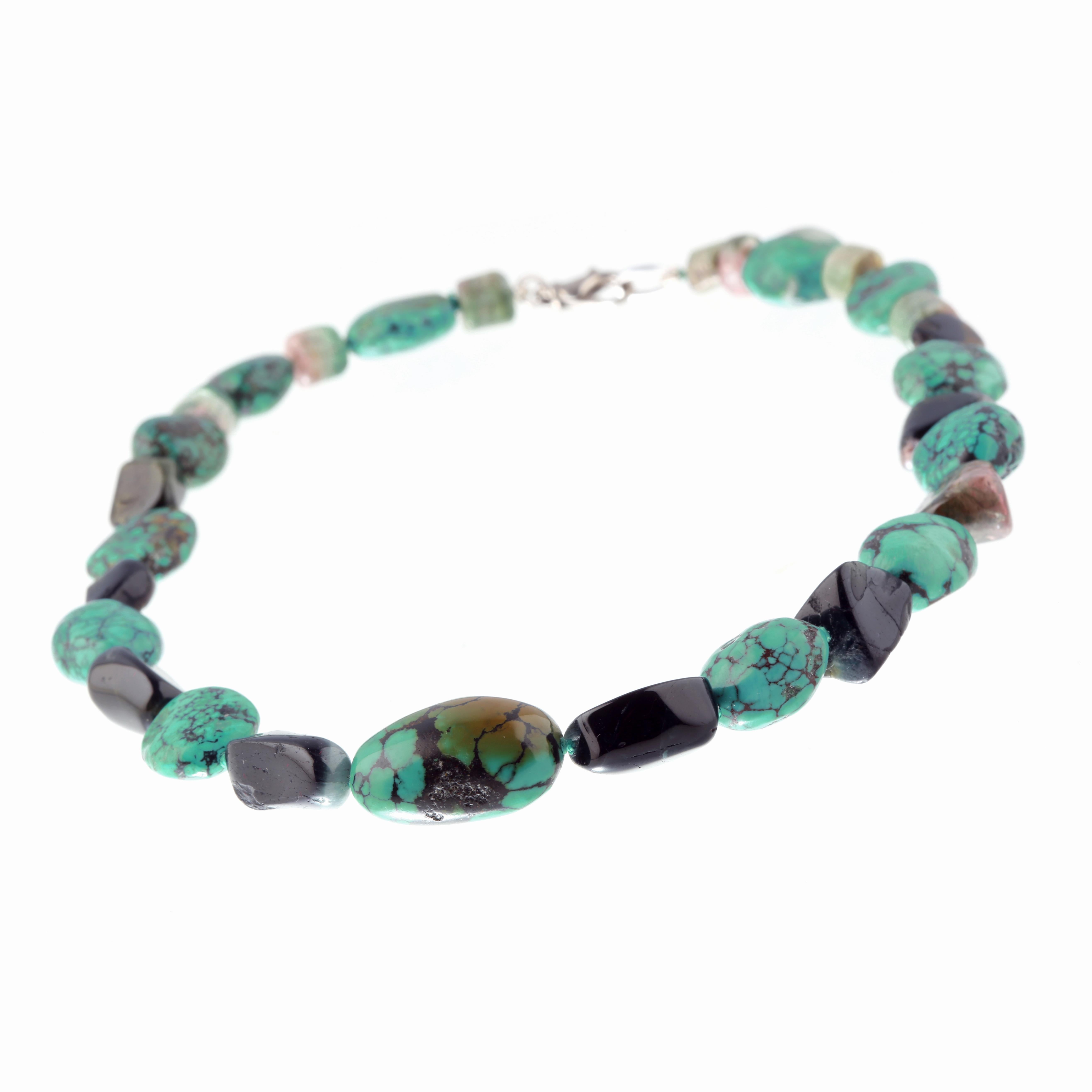 Natural Turquoise Tourmaline Raw Gems Silver Beaded Intini Jewels Boho Necklace In New Condition For Sale In Milano, IT