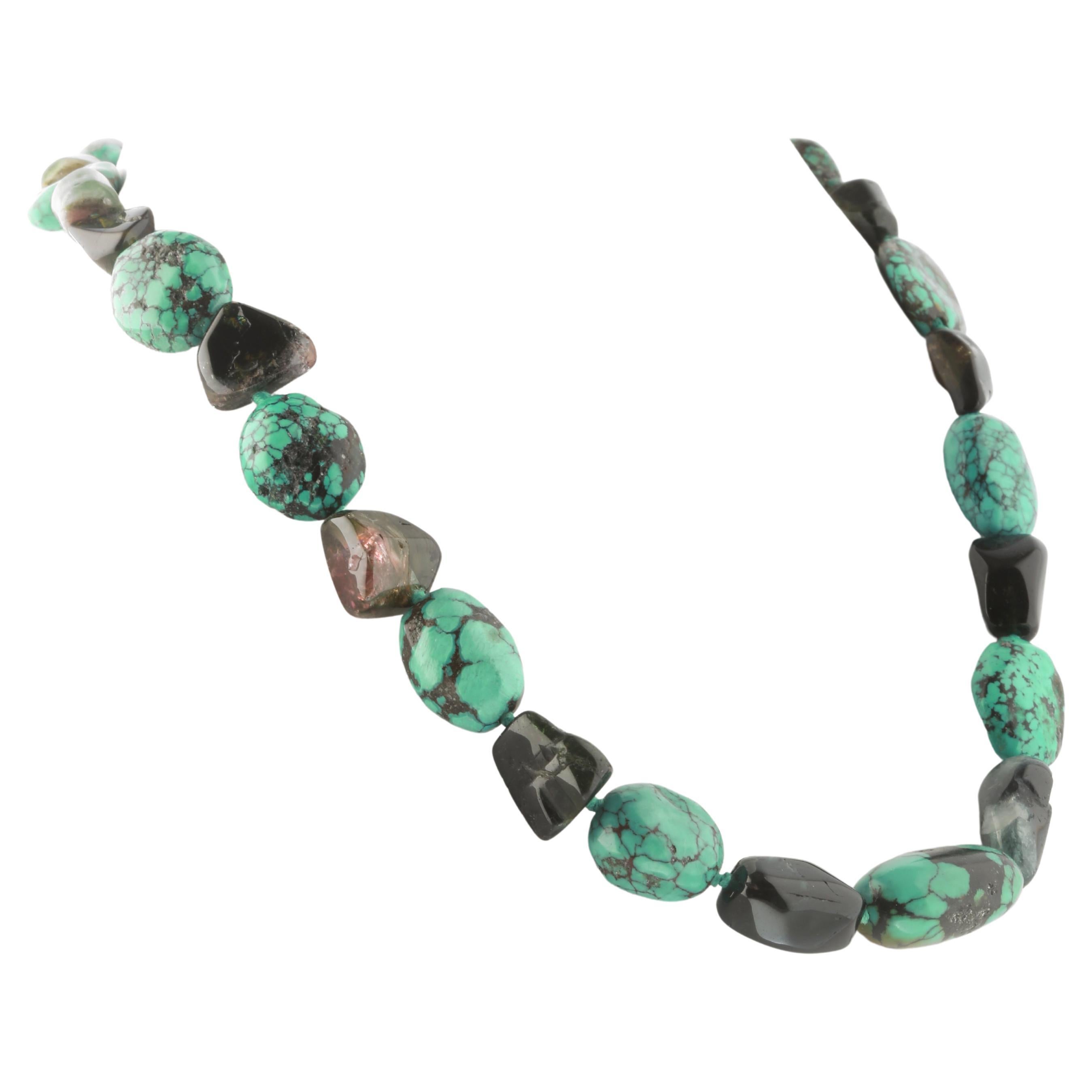 Natural Turquoise Tourmaline Raw Gems Silver Beaded Intini Jewels Boho Necklace For Sale