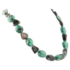 Natural Turquoise Tourmaline Raw Gems Silver Beaded Intini Jewels Boho Necklace