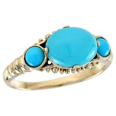 Anello a tre pietre con turchese naturale in stile vintage in oro giallo massiccio 9 carati