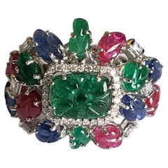 Natural Tutti Frutti, Emerald, Ruby & Blue Sapphire Art Deco Style Cocktail Ring