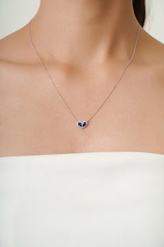 Natural Twin Sapphire and Diamond Heart Halo Pendant Necklace in 14k White Gold