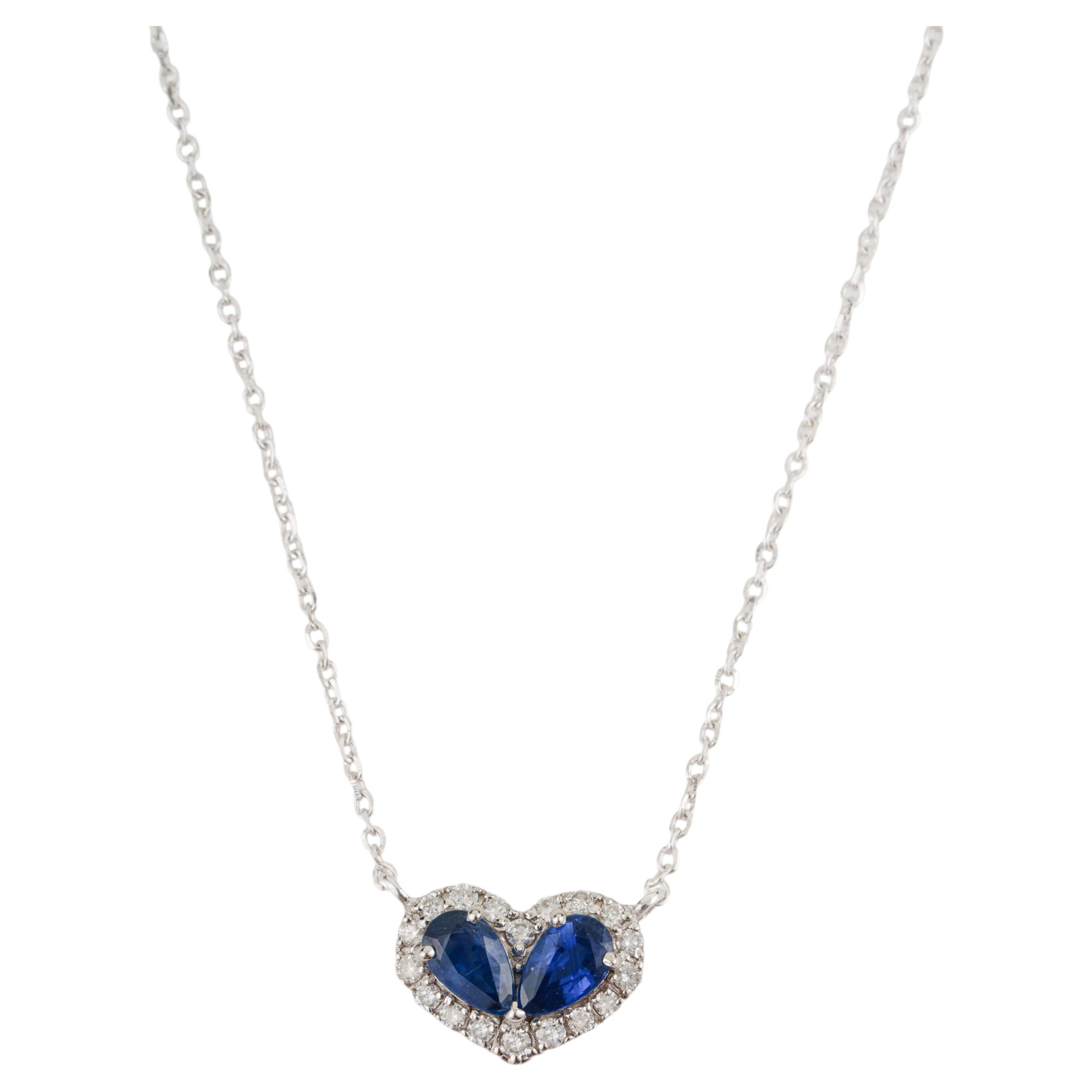 Collar Colgante Halo Corazón de Zafiro Gemelo Natural y Diamante en Oro Blanco de 14k