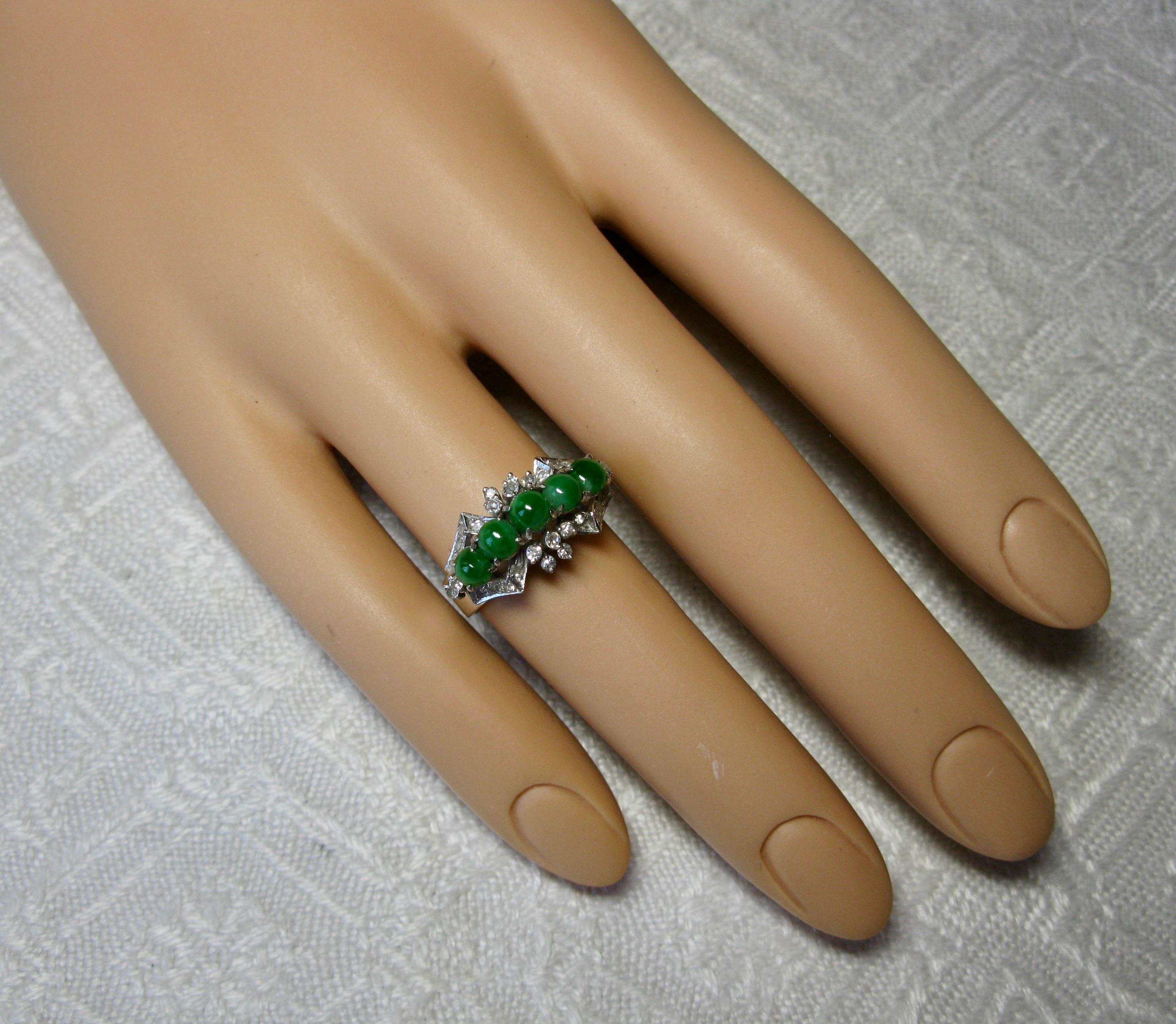 Contemporary Natural Type A Jade 30 Diamond Ring 18 Karat White Gold Wedding Engagement For Sale