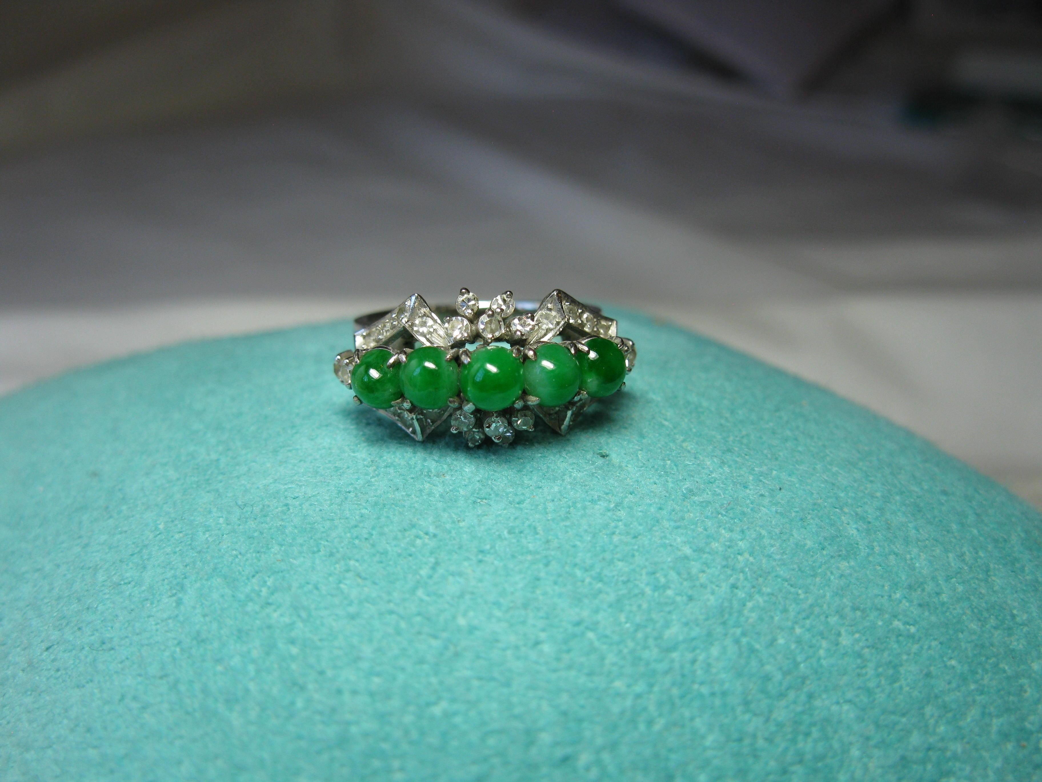 Women's Natural Type A Jade 30 Diamond Ring 18 Karat White Gold Wedding Engagement For Sale