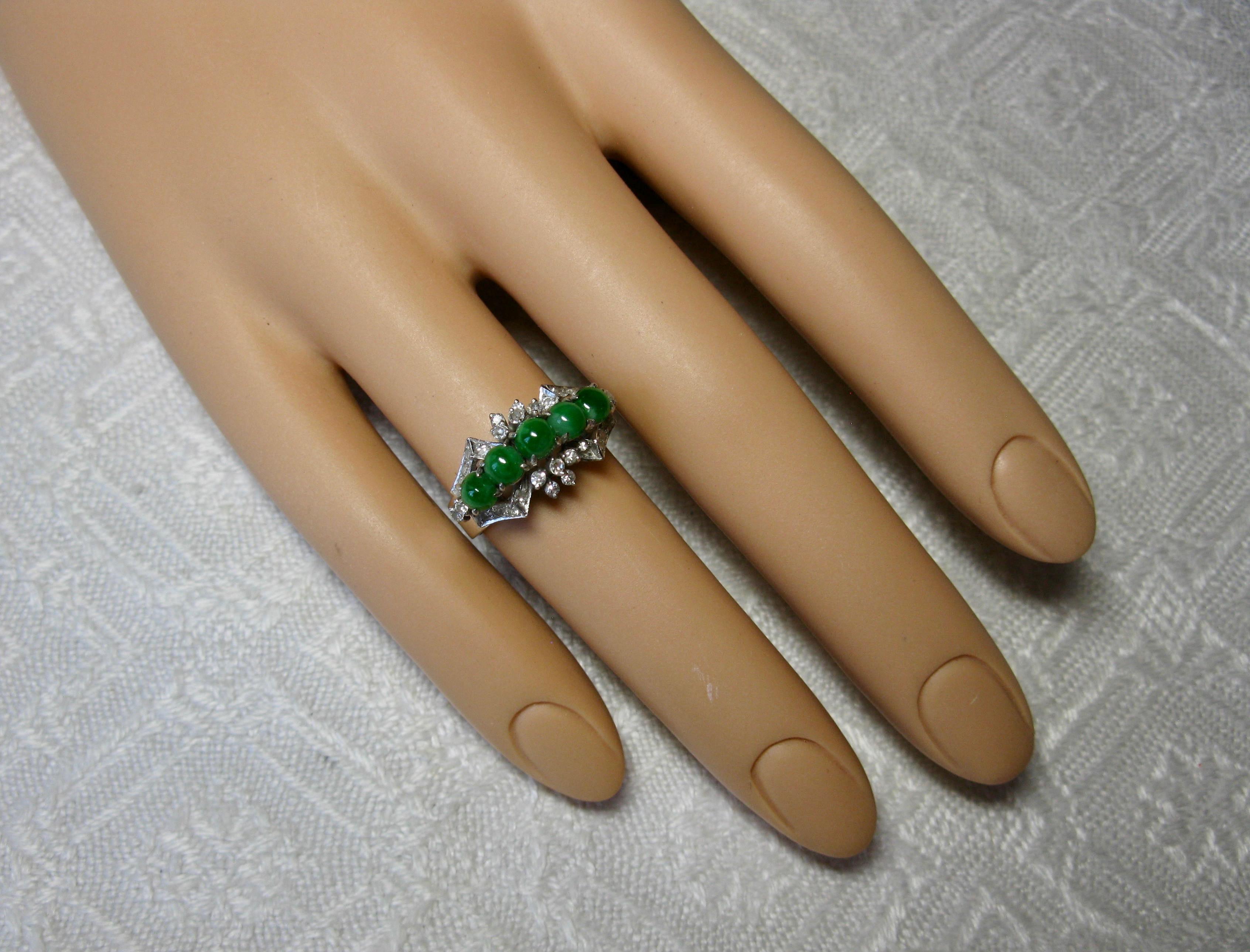 Natural Type A Jade 30 Diamond Ring 18 Karat White Gold Wedding Engagement For Sale 2