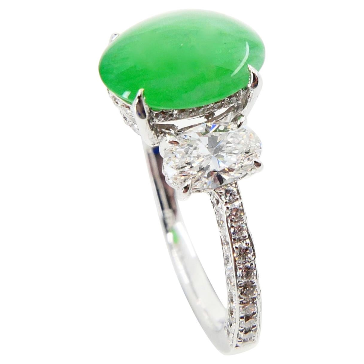 Certified 2.27 Cts Natural Jade & Oval Diamond Cocktail Ring, Apple Green Color For Sale 7