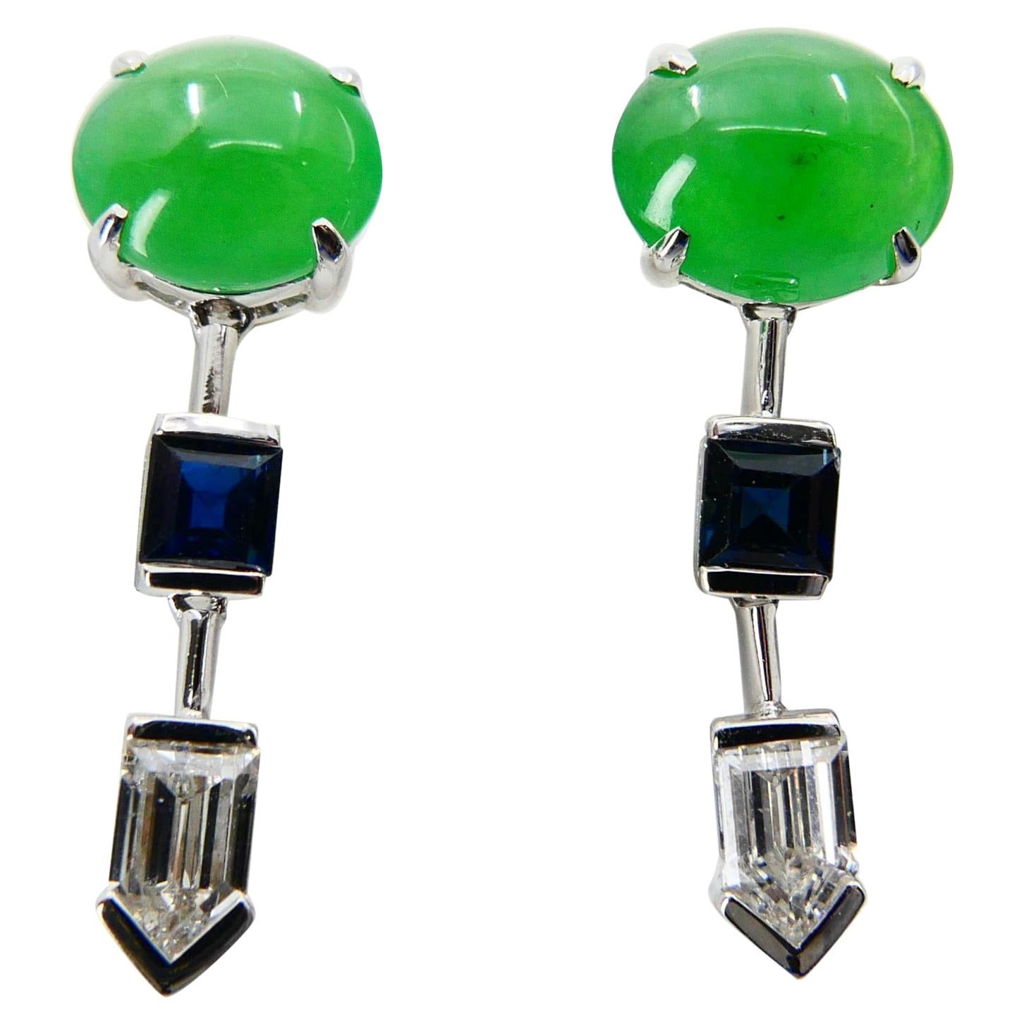 Certified Natural Type A Jade, Diamond & Sapphire Drop Earrings, Apple Green For Sale