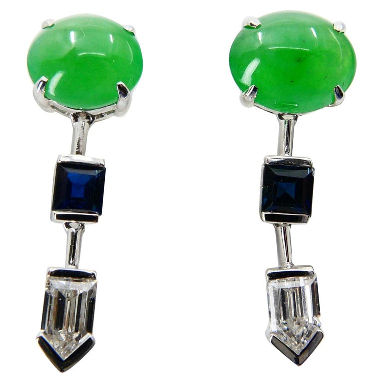 Boucles D'oreilles Pendantes Goutte Jade Vert Foncé Et CZ - Argenté - Style Art Déco