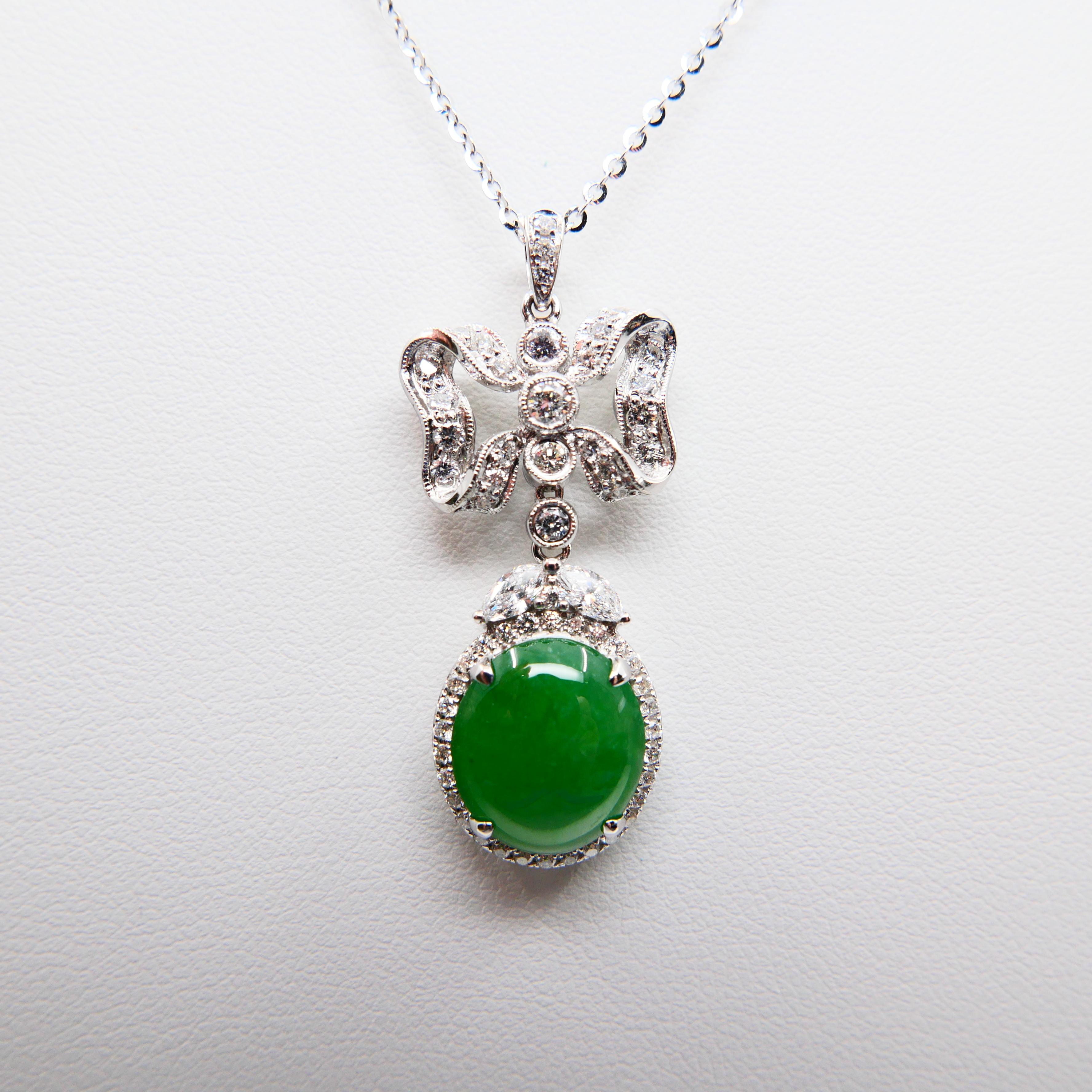 Natural Type A Jadeite Jade Diamond Pendant Drop Necklace, Deep Green Color For Sale 3
