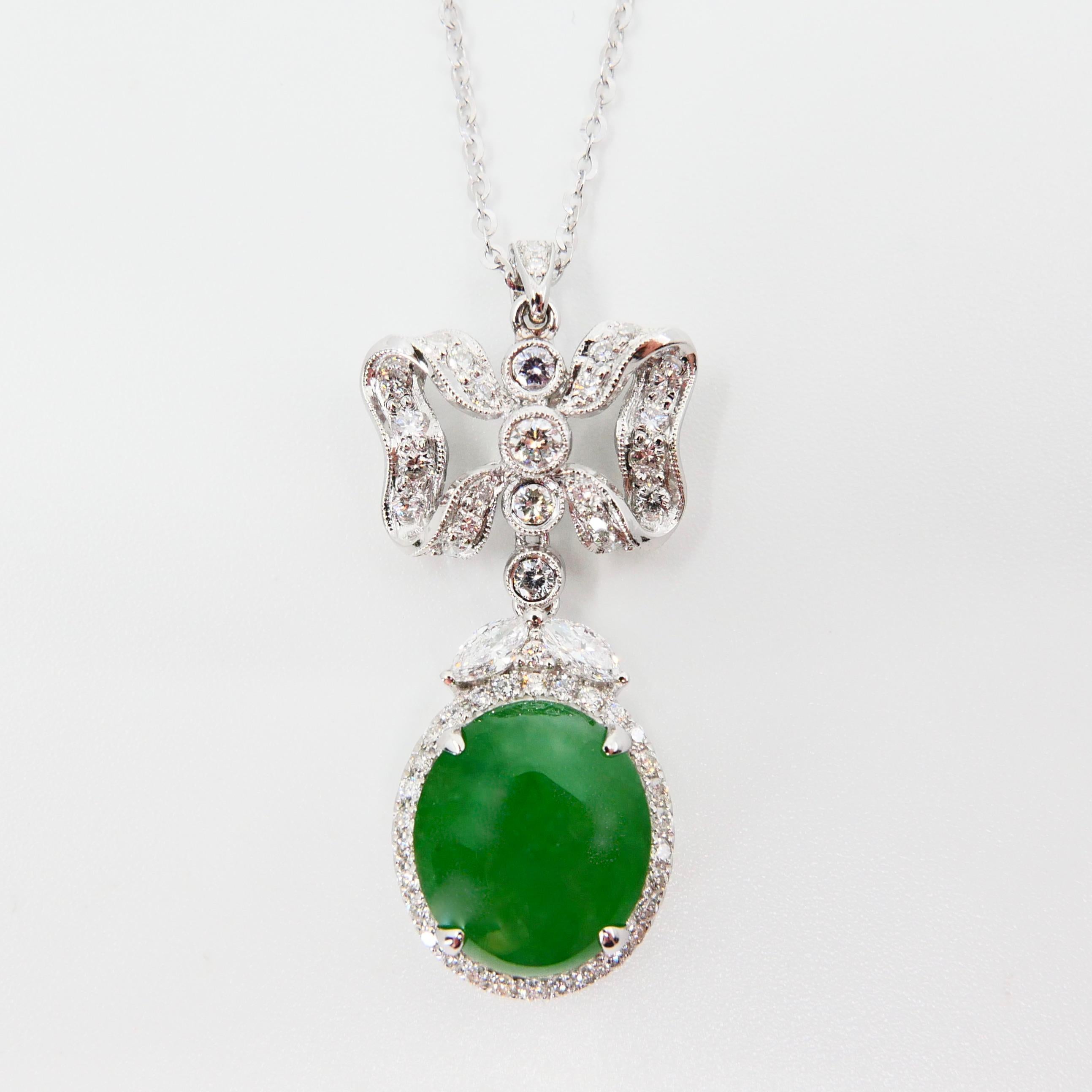 Oval Cut Natural Type A Jadeite Jade Diamond Pendant Drop Necklace, Deep Green Color For Sale