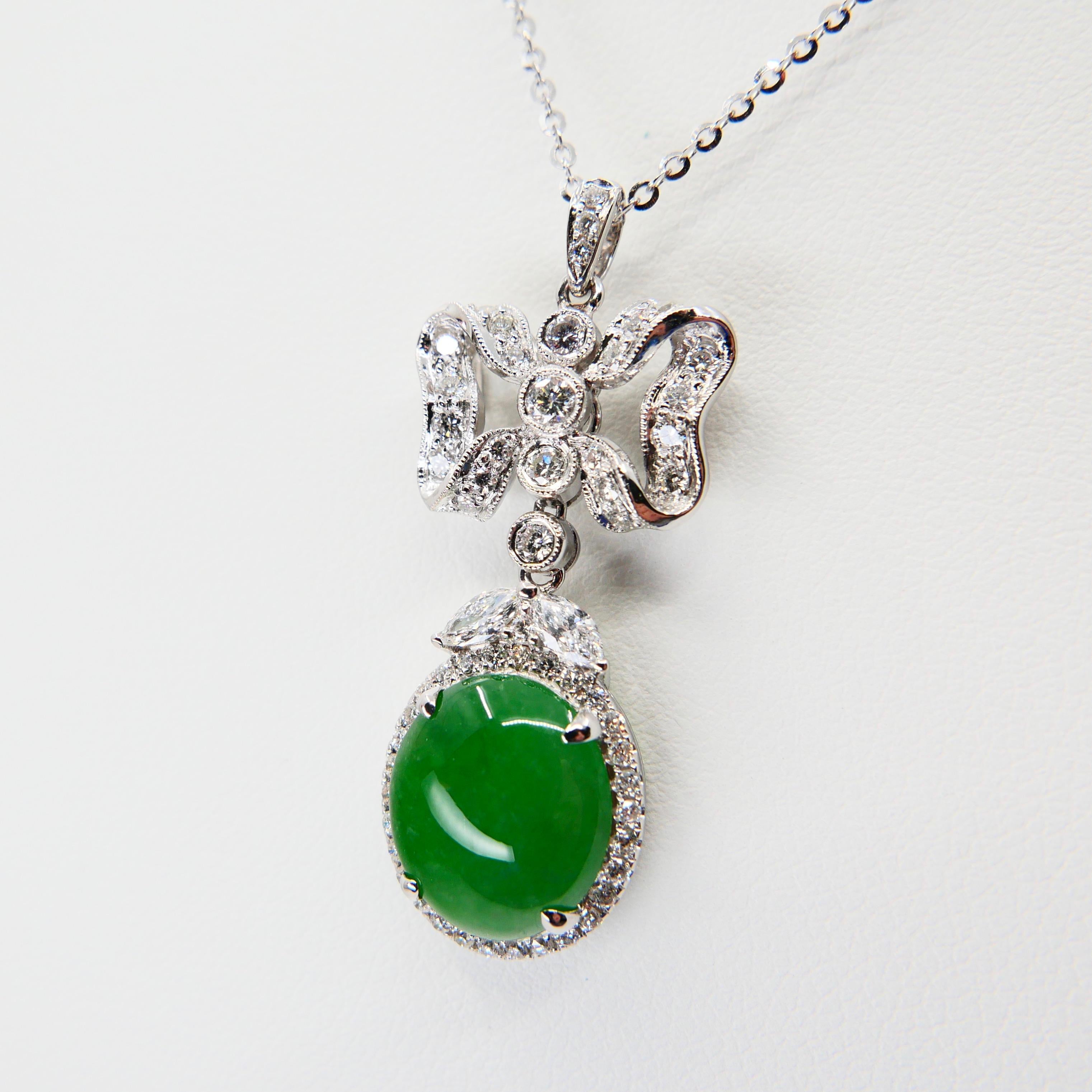 Women's Natural Type A Jadeite Jade Diamond Pendant Drop Necklace, Deep Green Color For Sale