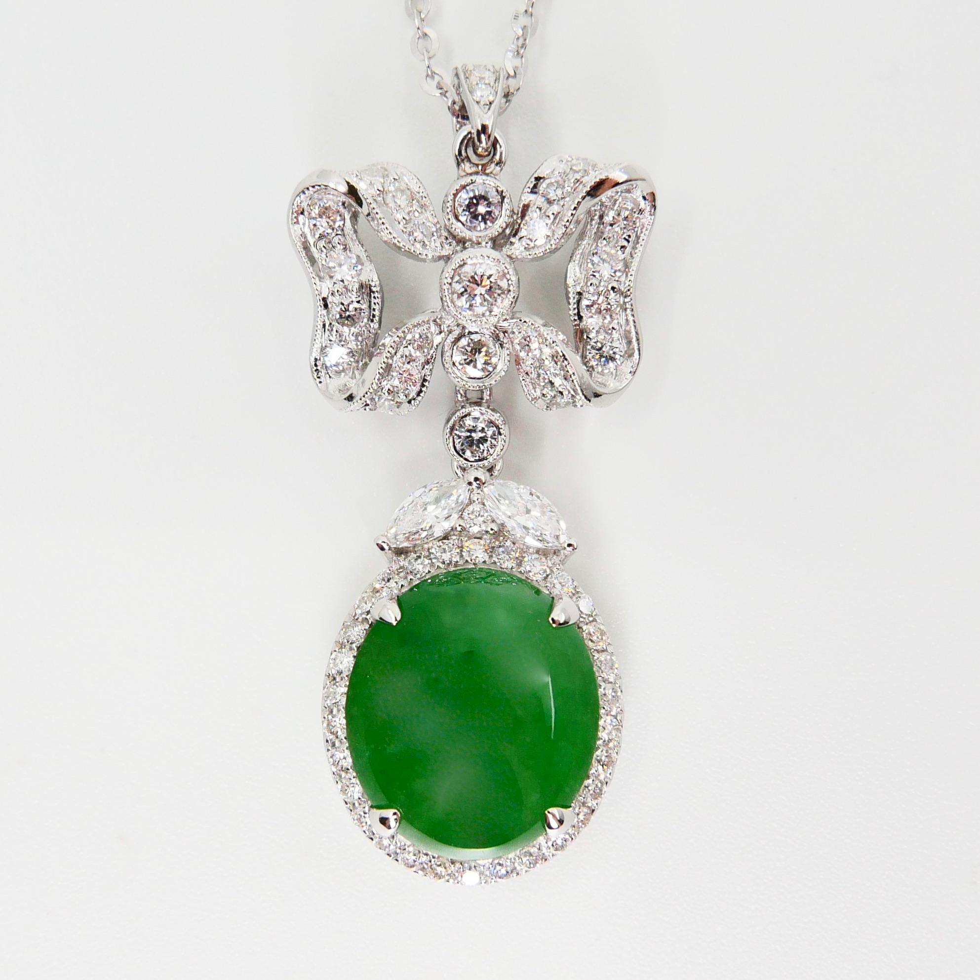 Natural Type A Jadeite Jade Diamond Pendant Drop Necklace, Deep Green Color For Sale 1