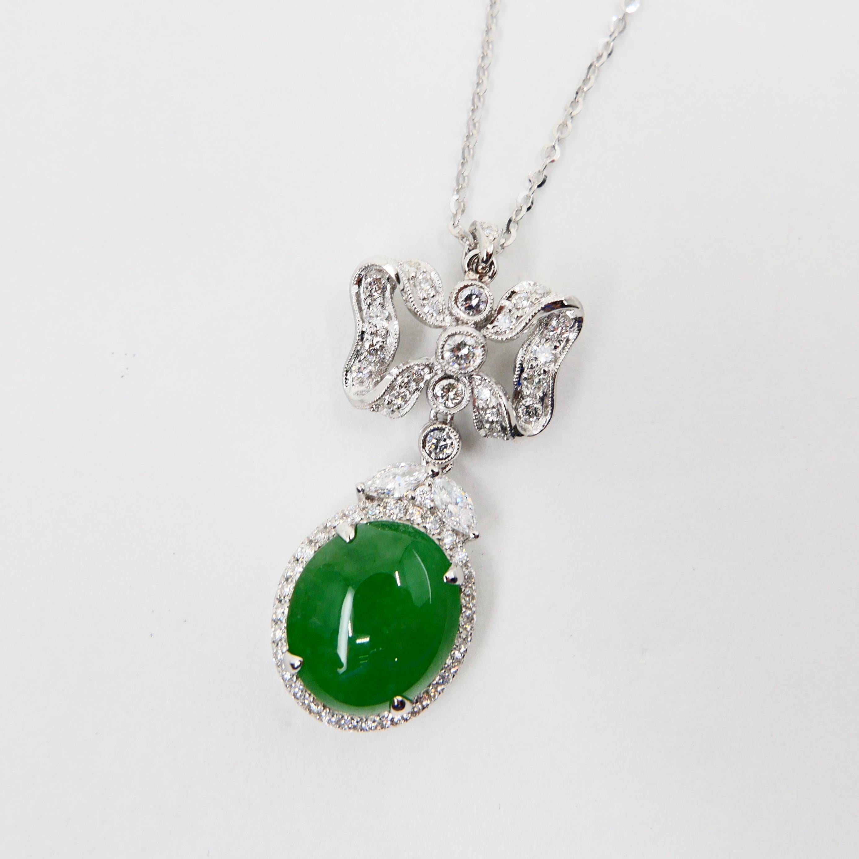 Natural Type A Jadeite Jade Diamond Pendant Drop Necklace, Deep Green Color For Sale 2