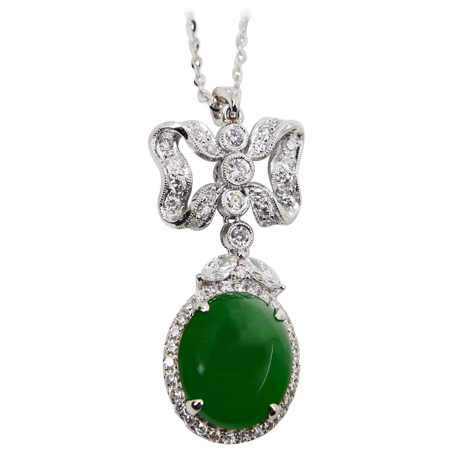 Natural Type A Jadeite Jade Diamond Pendant Drop Necklace, Deep Green Color For Sale