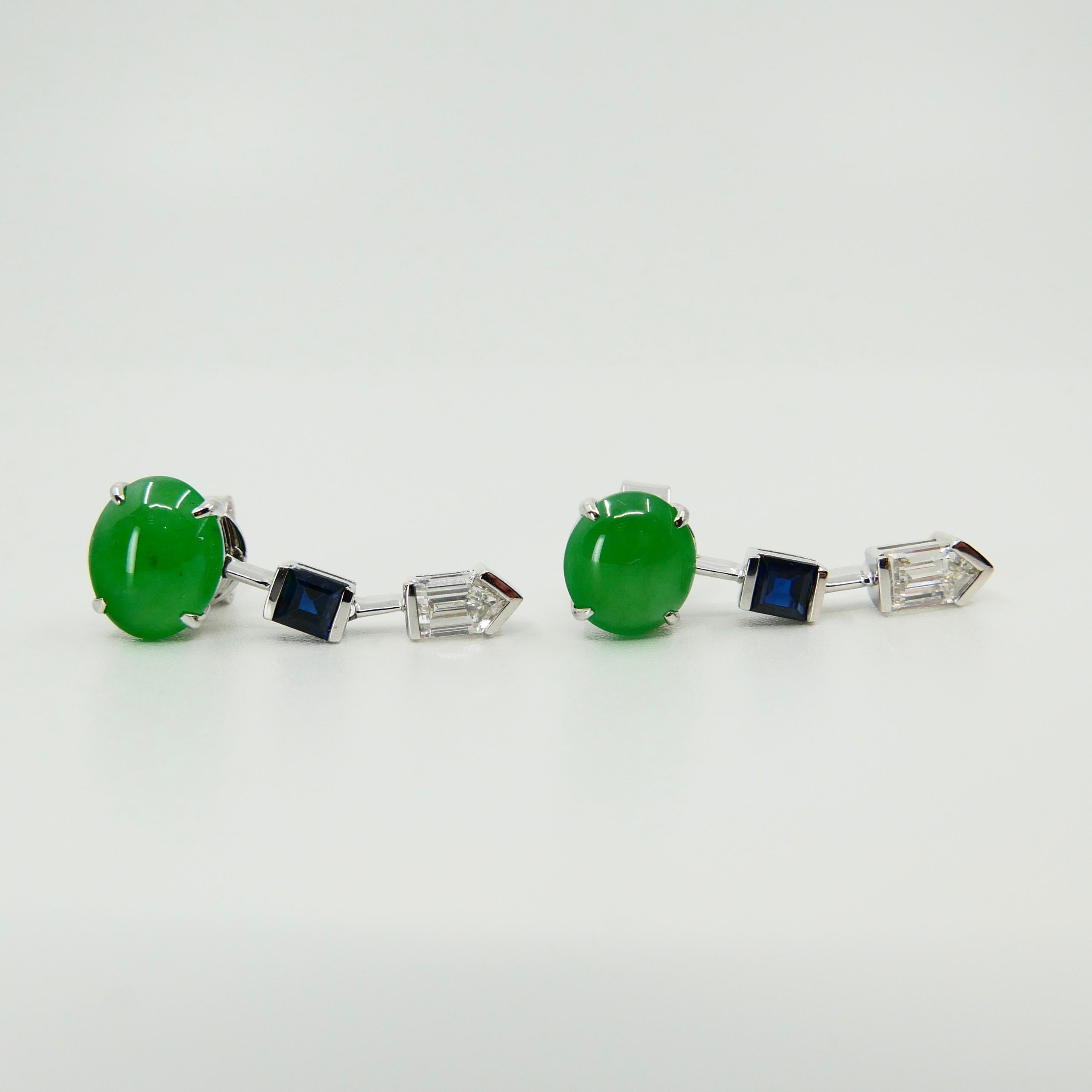 Certified Natural Type A Jade, Diamond & Sapphire Drop Earrings, Apple Green For Sale 4
