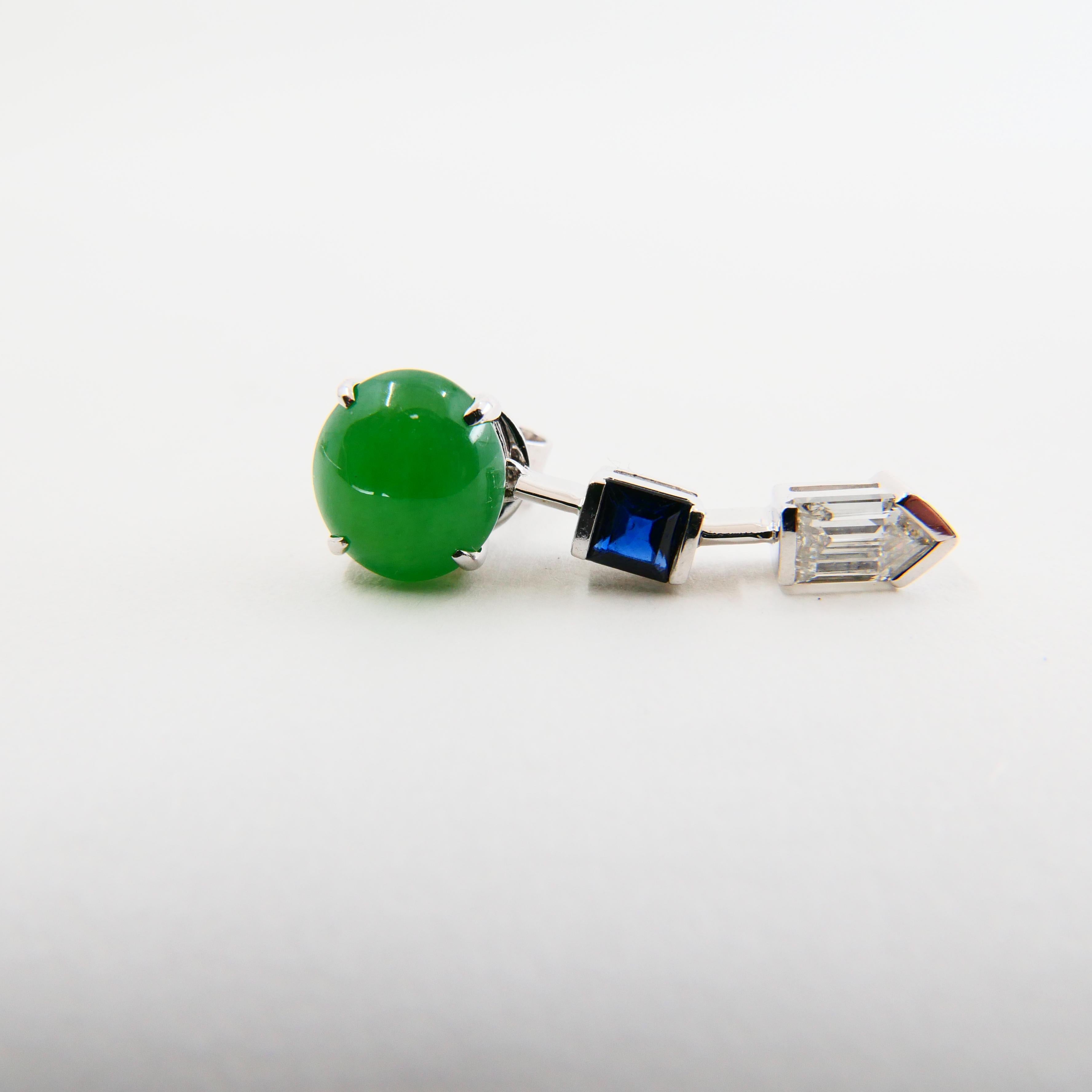 Certified Natural Type A Jade, Diamond & Sapphire Drop Earrings, Apple Green In New Condition For Sale In Hong Kong, HK