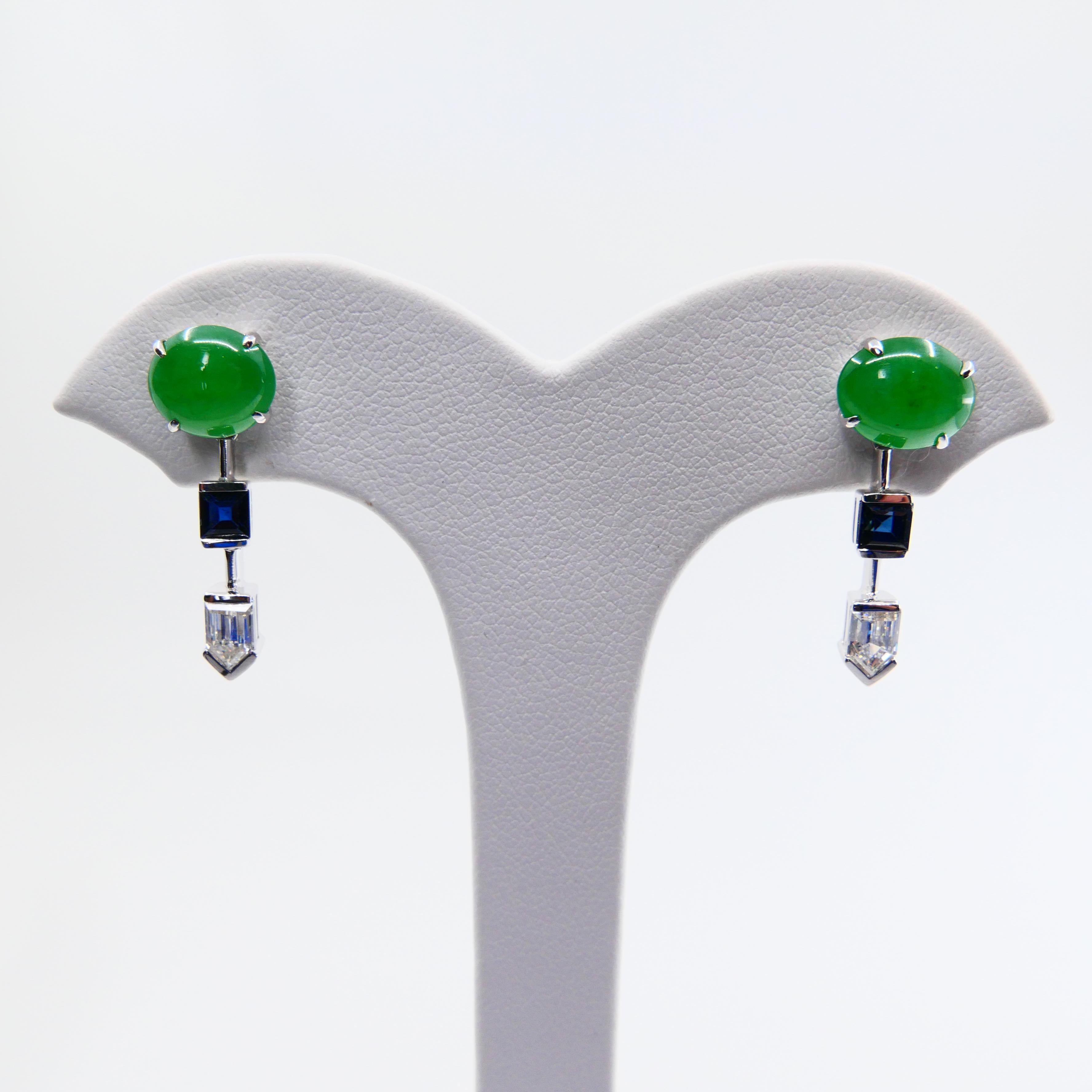 Women's Certified Natural Type A Jade, Diamond & Sapphire Drop Earrings, Apple Green For Sale