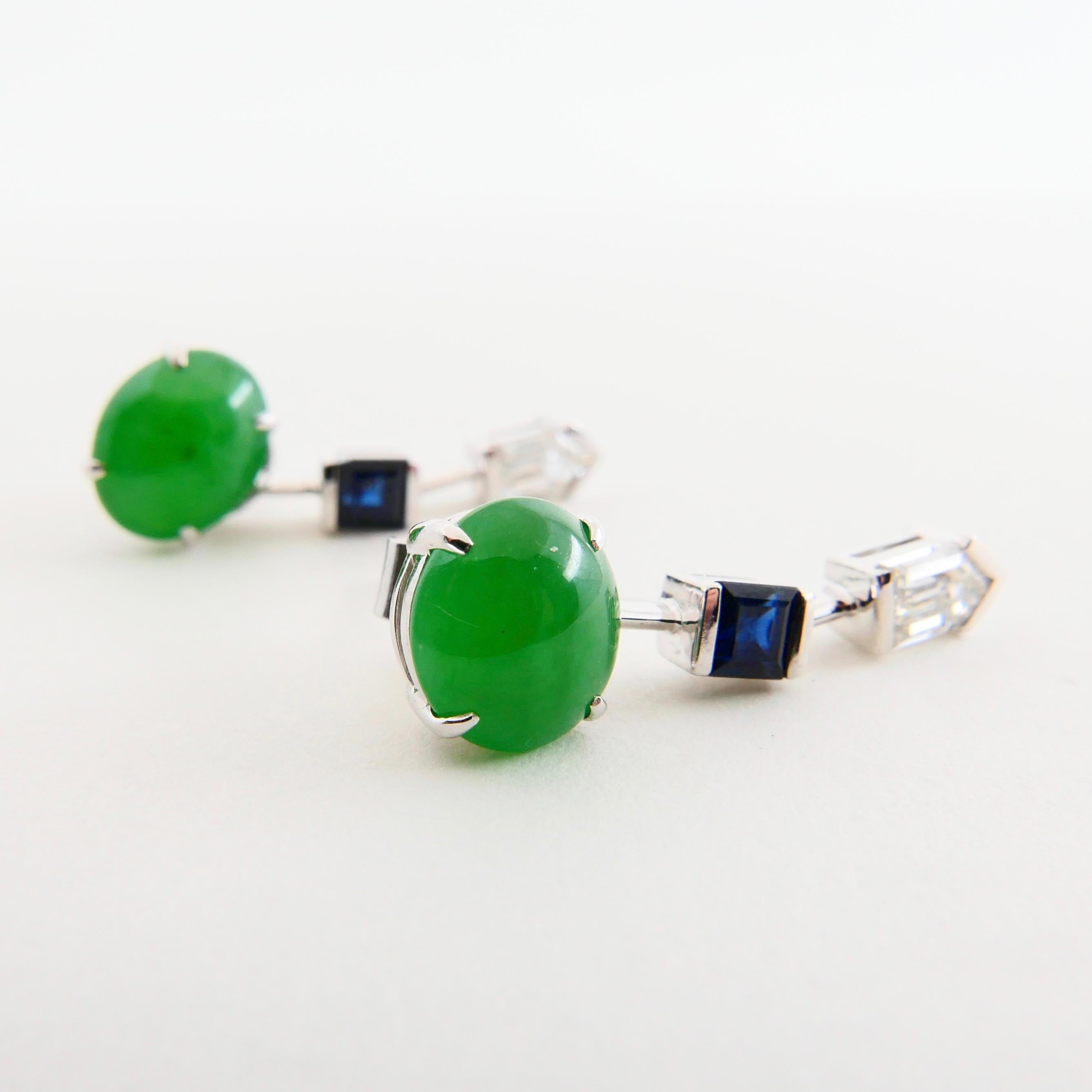 Certified Natural Type A Jade, Diamond & Sapphire Drop Earrings, Apple Green For Sale 1