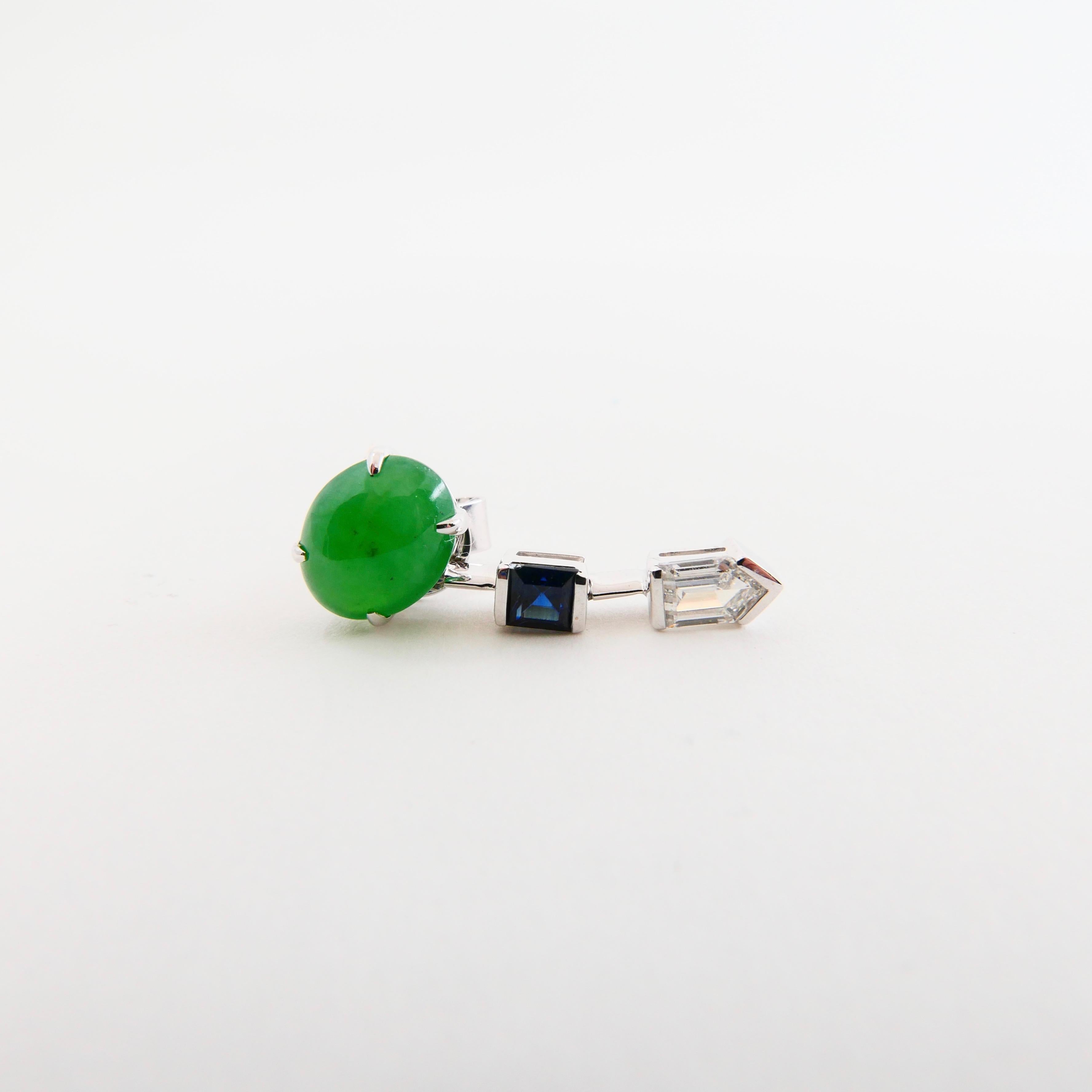 Certified Natural Type A Jade, Diamond & Sapphire Drop Earrings, Apple Green For Sale 2