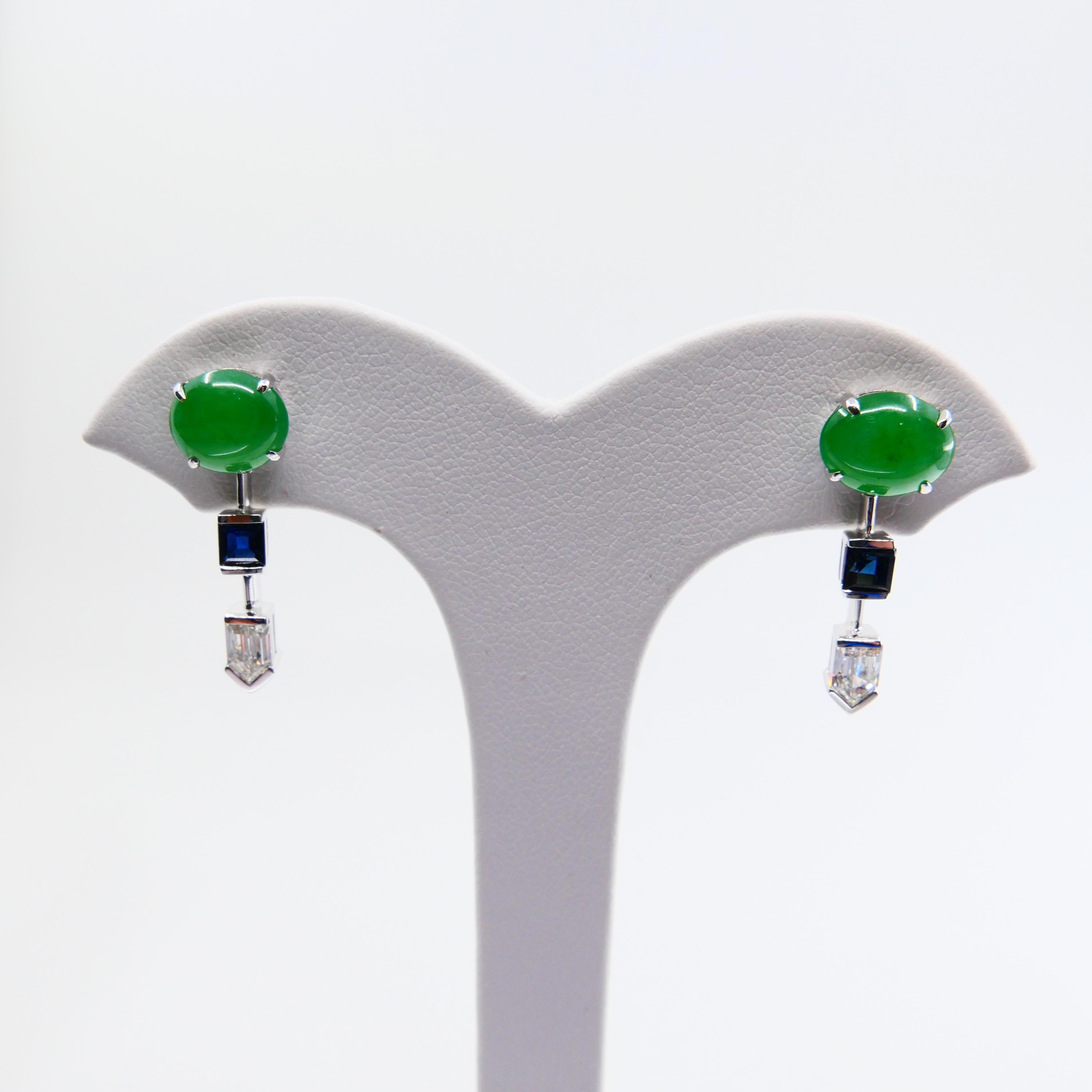Certified Natural Type A Jade, Diamond & Sapphire Drop Earrings, Apple Green For Sale 3