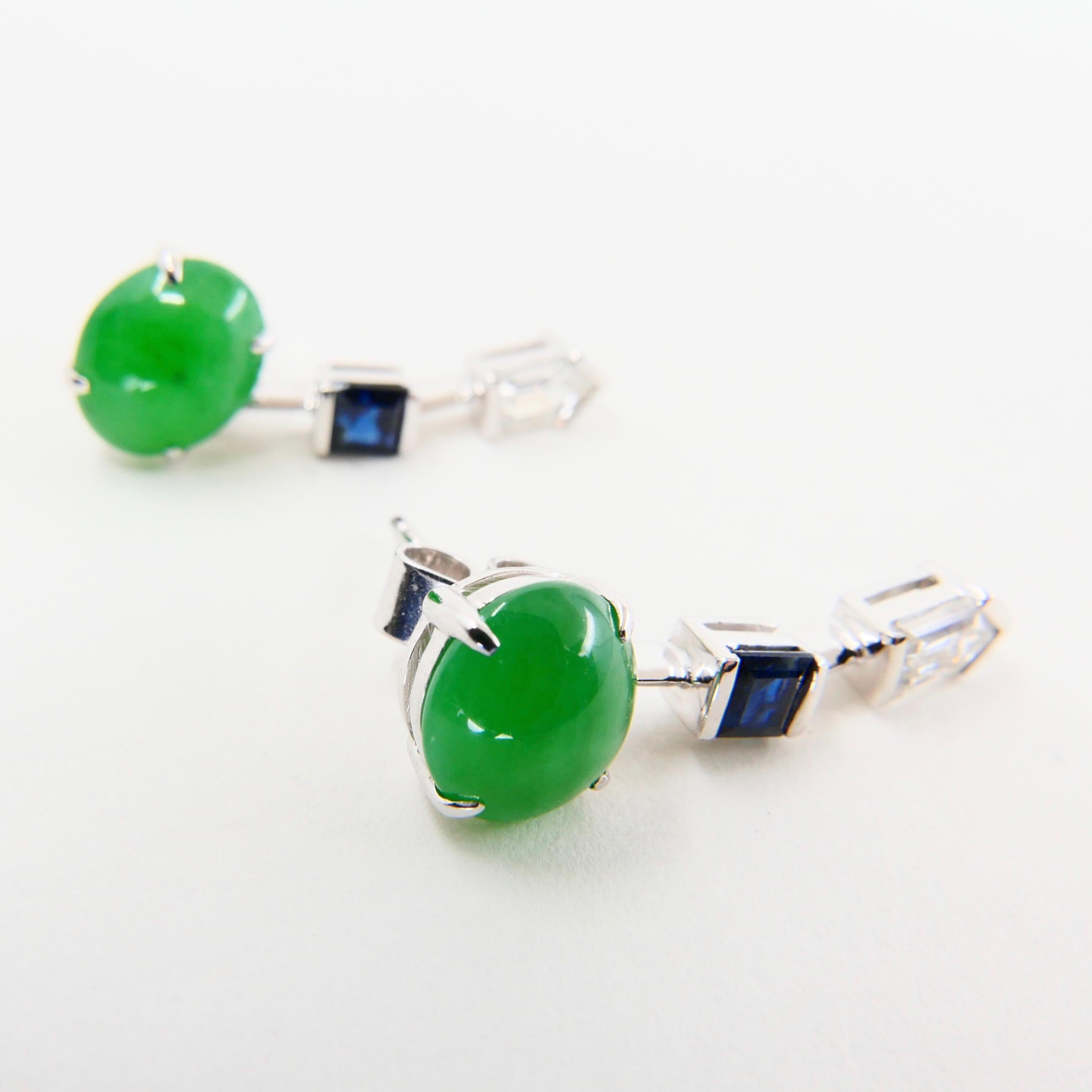 Oval Cut Certified Natural Type A Jade, Diamond & Sapphire Drop Earrings, Apple Green For Sale