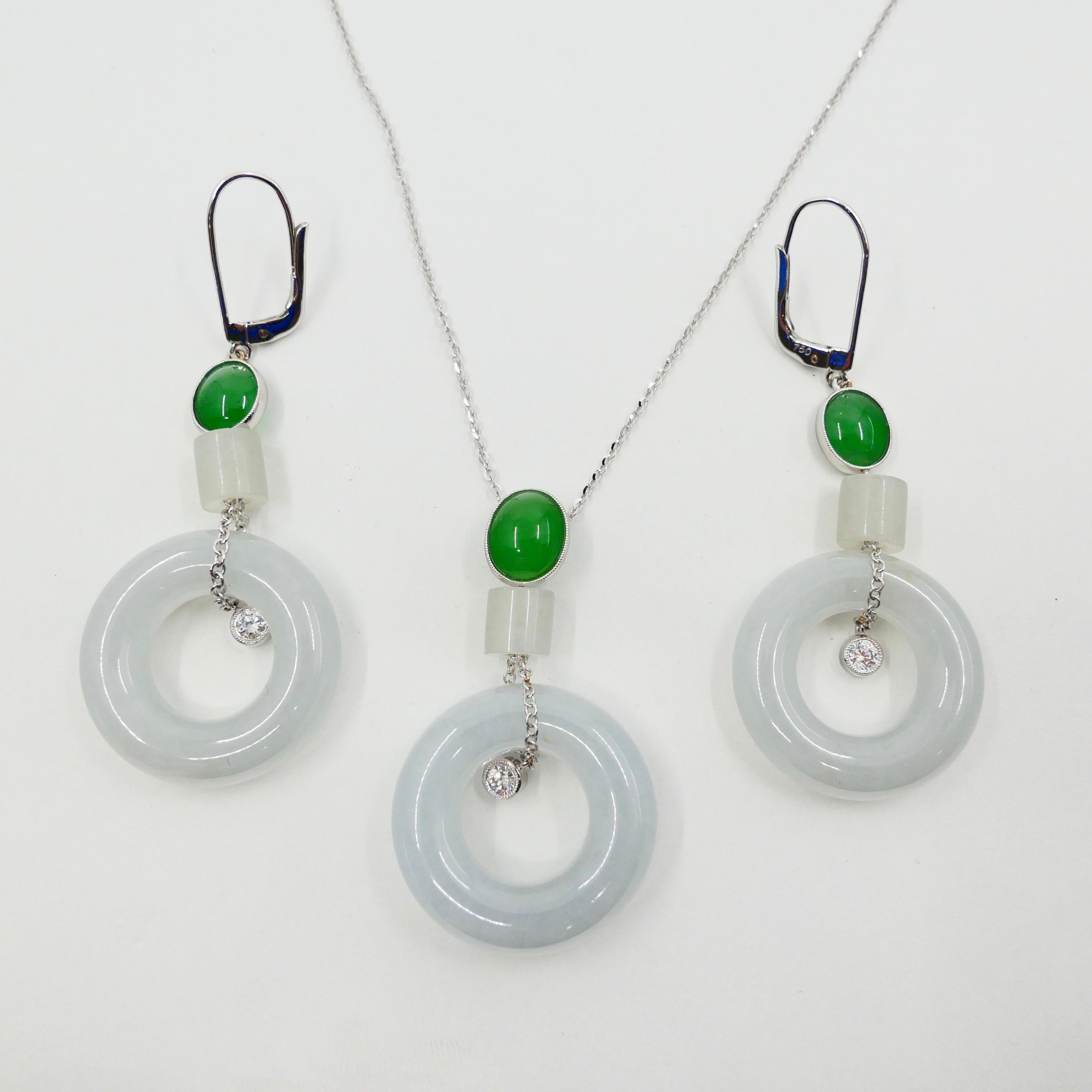 Natural Type A Jadeite Jade Earrings & Pendant Set, 18K White Gold and Diamonds For Sale 6