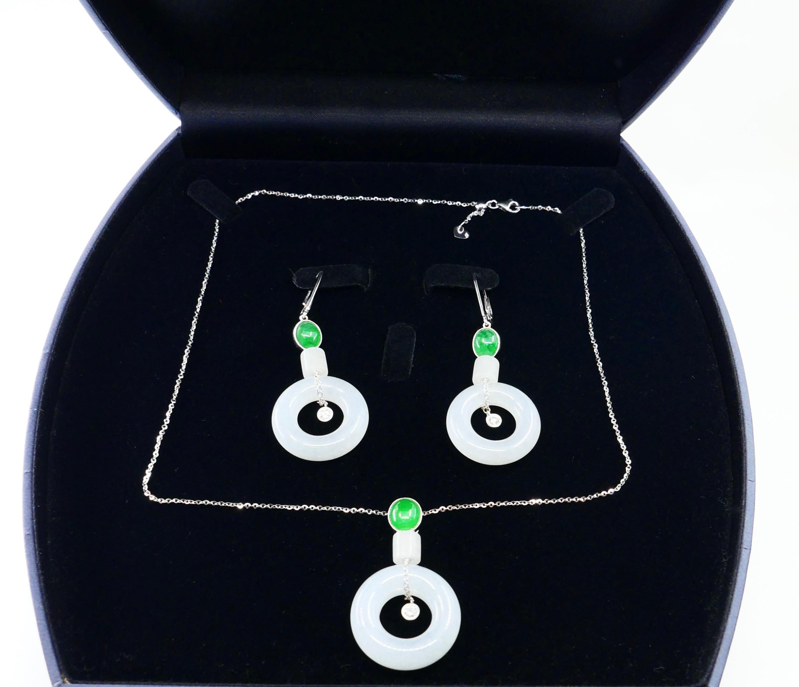 Natural Type A Jadeite Jade Earrings & Pendant Set, 18K White Gold and Diamonds For Sale 7