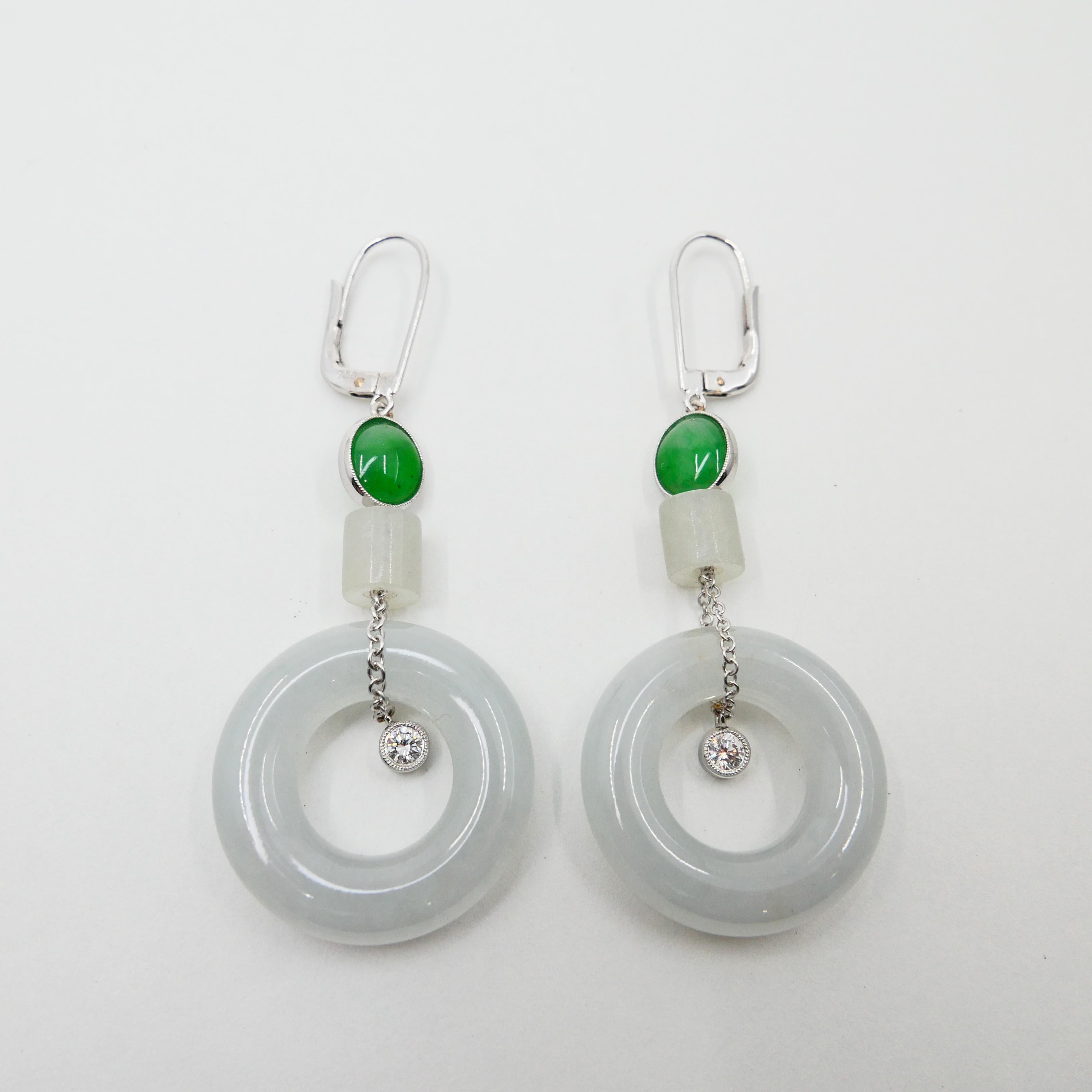 Oval Cut Natural Type A Jadeite Jade Earrings & Pendant Set, 18K White Gold and Diamonds For Sale