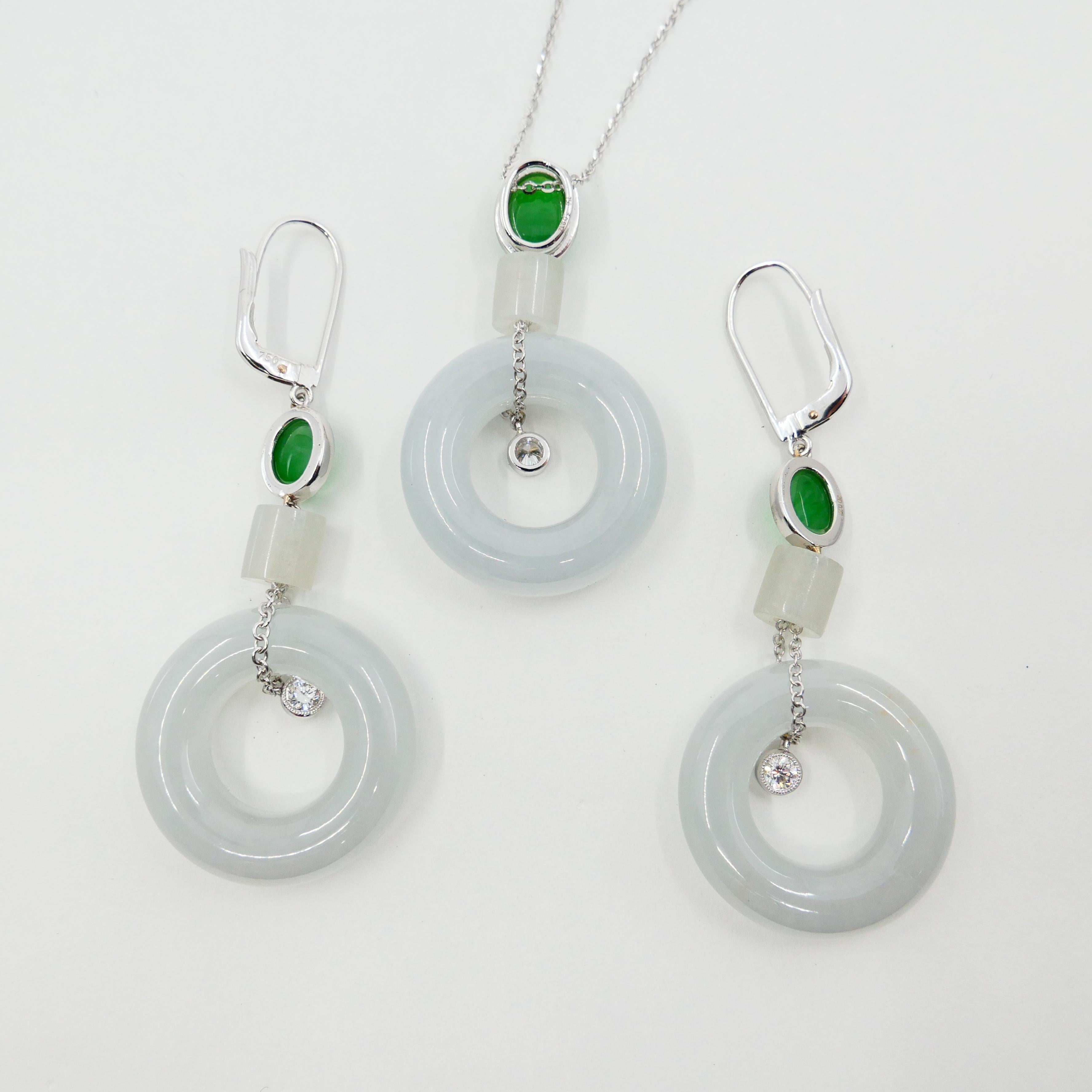 Natural Type A Jadeite Jade Earrings & Pendant Set, 18K White Gold and Diamonds In New Condition For Sale In Hong Kong, HK