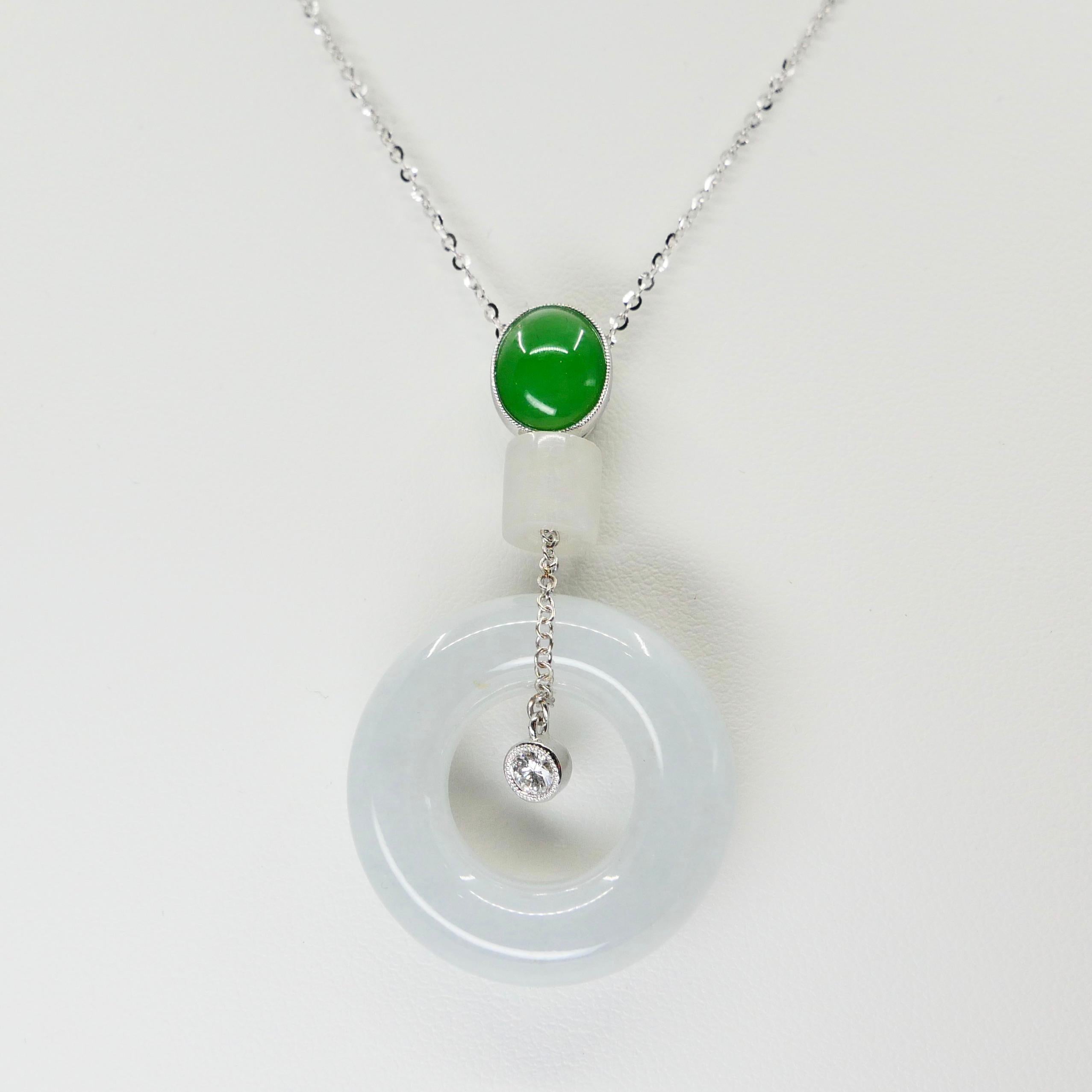 Women's Natural Type A Jadeite Jade Earrings & Pendant Set, 18K White Gold and Diamonds For Sale