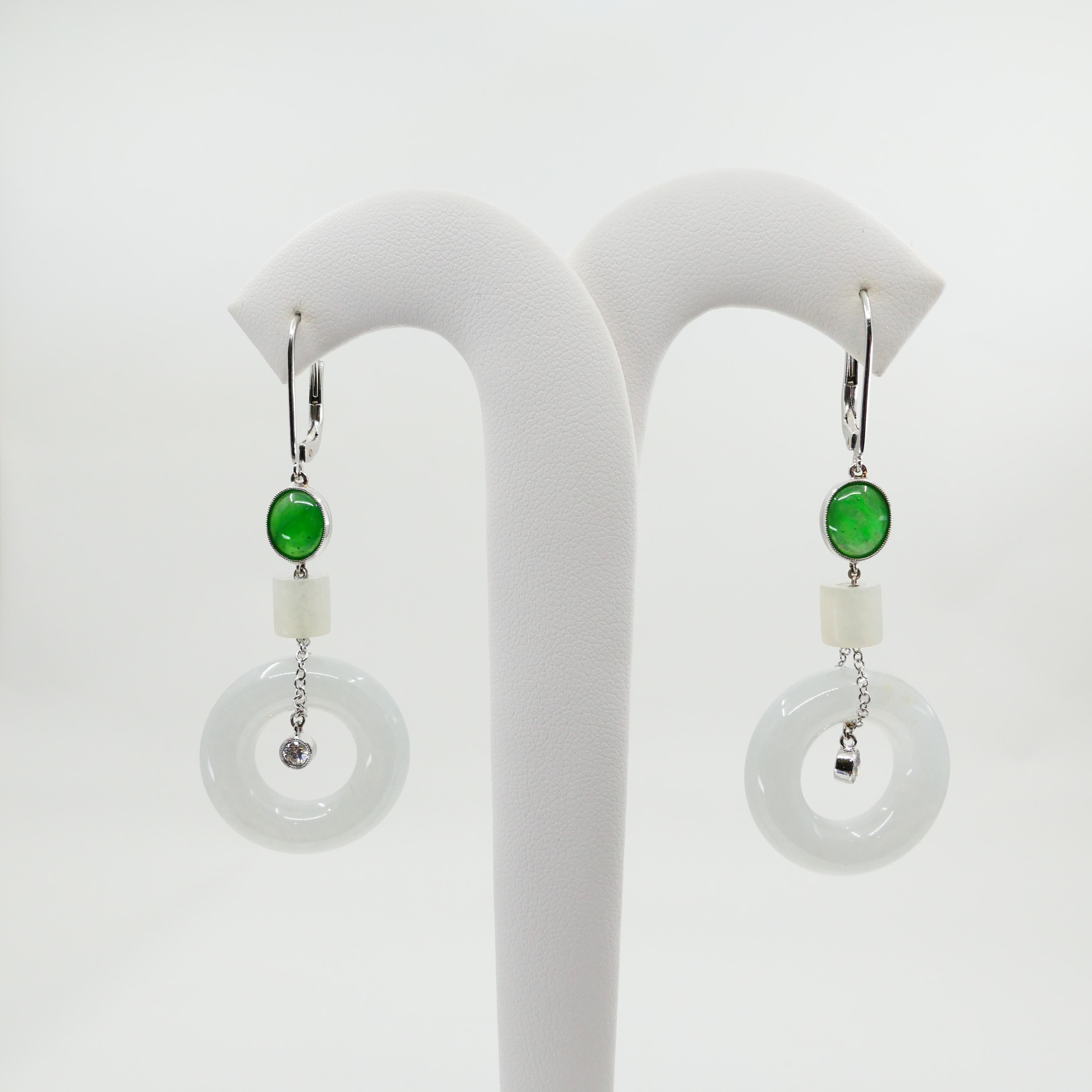Natural Type A Jadeite Jade Earrings & Pendant Set, 18K White Gold and Diamonds For Sale 1