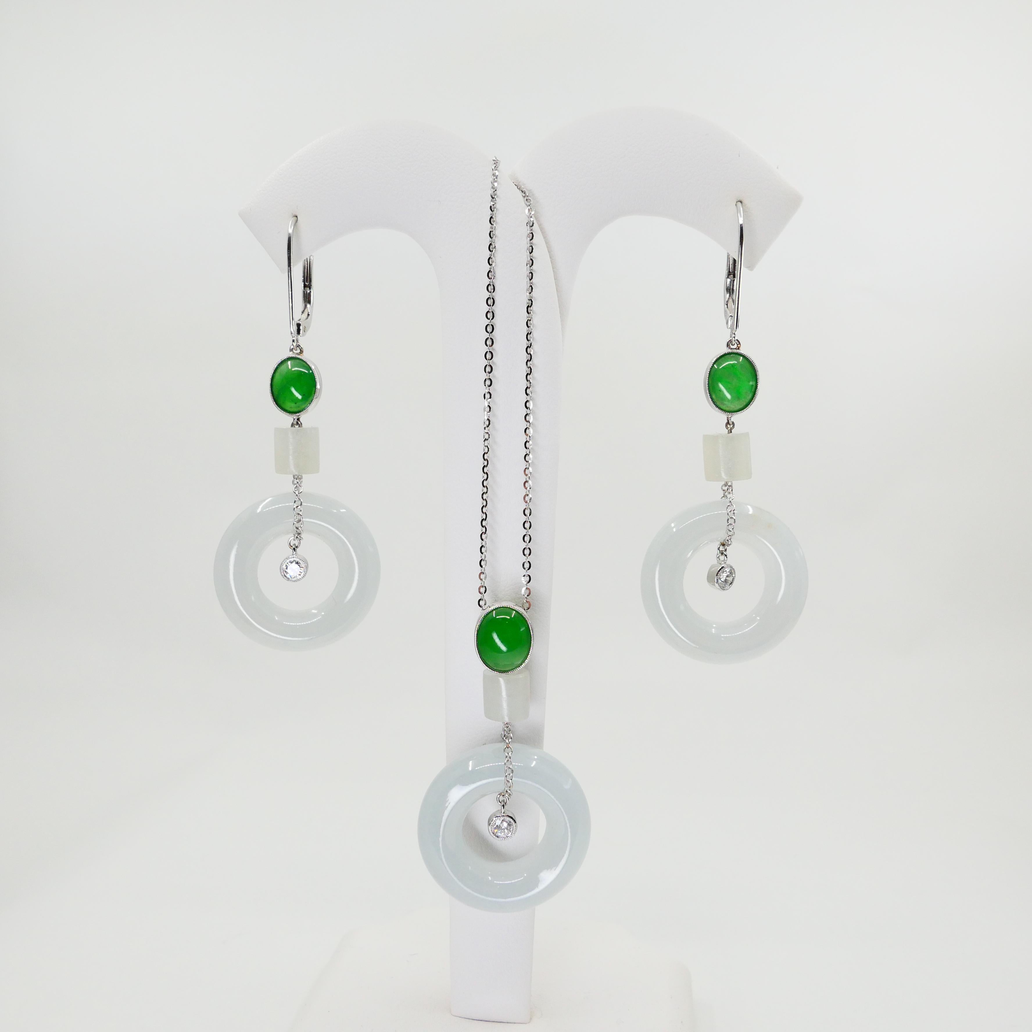 Natural Type A Jadeite Jade Earrings & Pendant Set, 18K White Gold and Diamonds For Sale 2